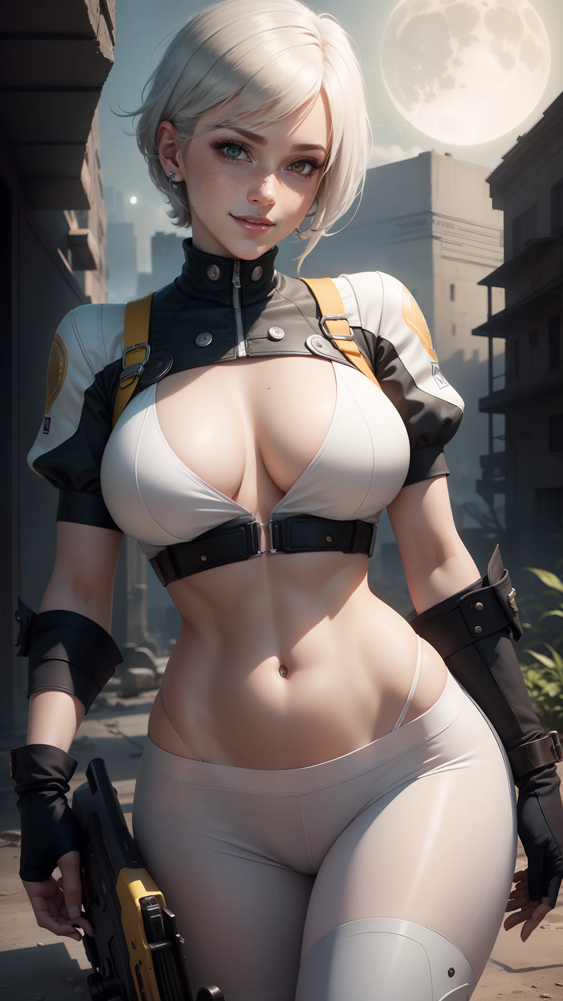 gwen tennyson,tracer,albedo,yorha 2b,rebecca chambers,atelier ryza,nier automata,close up,mecha pilot,city ruins,tattoos,white and orange plugsuit, steel short sleeve lycra top,white cargo pants,uncovered belly,short hair,cute makeup,yellow eyes,dimensional silver hair,sexy smile,freckles,beautiful girl,large breasts,4k hd,ultra detailed,realistic,fantasy art,military uniform,aviator uniform,moonlight,steel armor,ear piercings,hair pin,holding a gun,