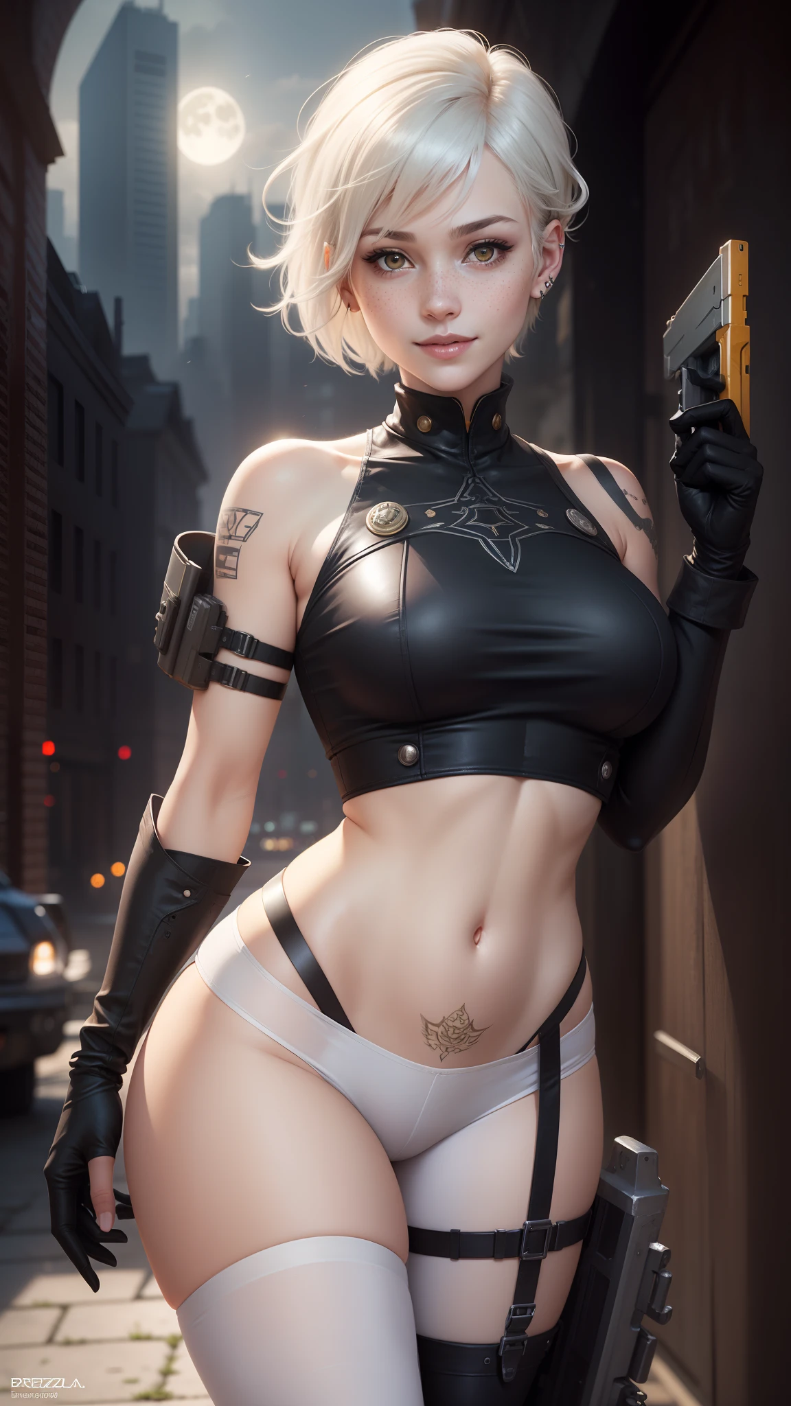 gwen tennyson,tracer,albedo,yorha 2b,rebecca chambers,atelier ryza,nier automata,close up,mecha pilot,city ruins,tattoos,white and orange plugsuit, steel short sleeve lycra top,white cargo pants,uncovered belly,short hair,cute makeup,yellow eyes,dimensional silver hair,sexy smile,freckles,beautiful girl,large breasts,4k hd,ultra detailed,realistic,fantasy art,military uniform,aviator uniform,moonlight,steel armor,ear piercings,hair pin,holding a gun,