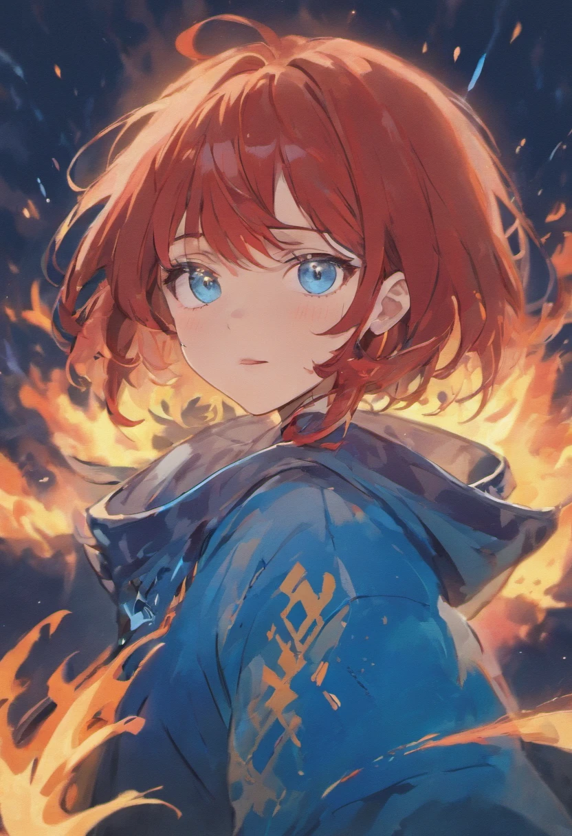 (girl:1.1), (short fiery red hair), (blue eyes), (sharp canines), (surrounded by blue flames), (staring at the observer), (serious and expressionless), (night sky), (8K)