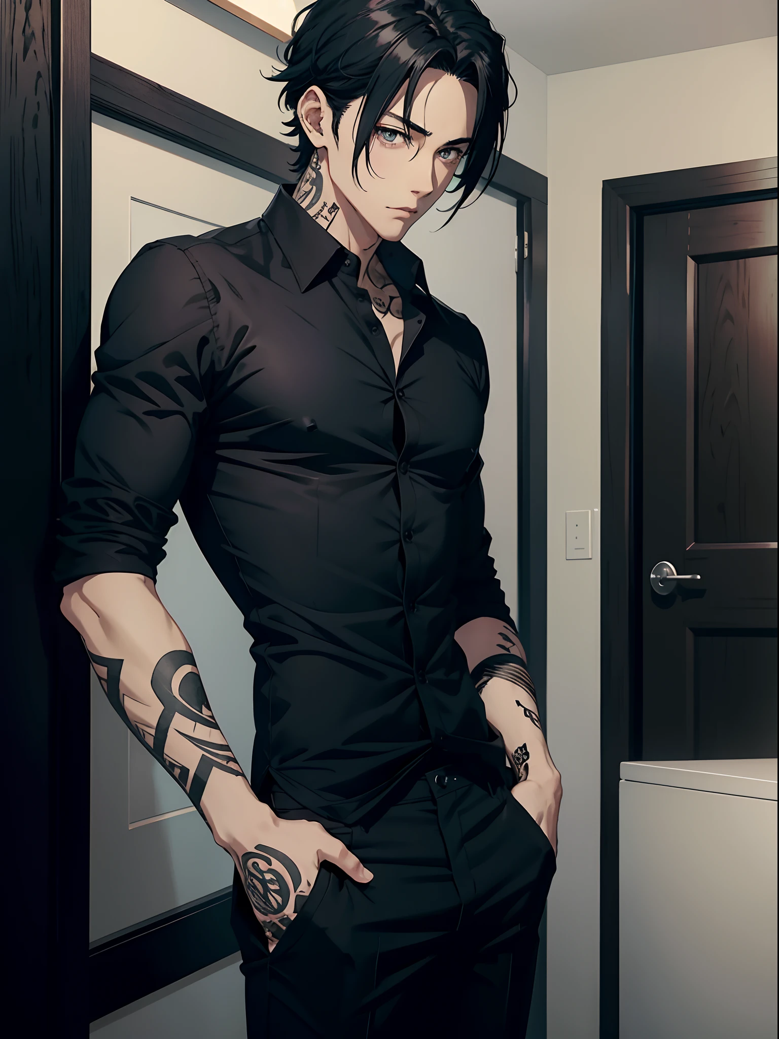 anime handsome man, black shirt and formal pants, black hair, gray eyes, tattooes, slim