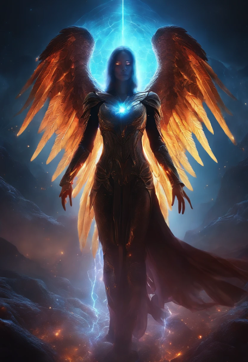 Cosmic Fallen Angel, glowing light eyes, Biomechanical, eerie, Creepy, nightmarish, Very bright colors, Light particles, with light glowing, Mshiv, wallpaper art, Ultra HD wallpaper esports athlete