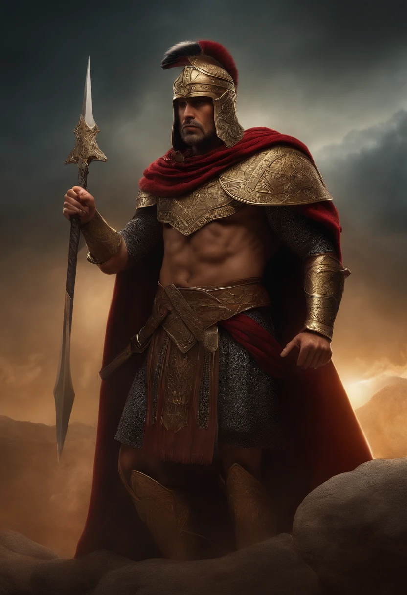 8k, Un primer plano de merlin mirando de frente, postura imponente, mirada fulminante, mostrando torso con prominente musculatura, torso desnudo, falda griega de Ares, holding a power ball with his right hand, Guerrero masculino, guerrero poderoso, Dios de la Guerra, Vestido con tunica, hombre corpulento y fuerte, Antiguo guerrero, Warrior after great battle, Soldado antiguo, Imagen de un guerrero adulto, Epic art, Greek mythology of a warrior, Poderoso wizard, estilo hiperrealista, tercer plano con noche oscura y lluviosa