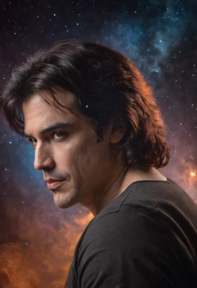 a facial portrait of Paul Stanley, oil painting on canvas in the art style of Caravaggio, Thomas Kinkade, Neal Adams, Frank Frazetta, Boris Vallejo, Rembrandt, extremely colorful, outer space, planets, stars, galaxies, fire, explosions, smoke, volcanic lava, craggy mountain peaks in the background, 32k UHD, 1080p, hyper realistic, photorealistic, realistic, 1200ppi, 2000dpi, Highly detailed, extremely sharp, vibrant, colorful, well lit, full field of depth, professional quality studio image