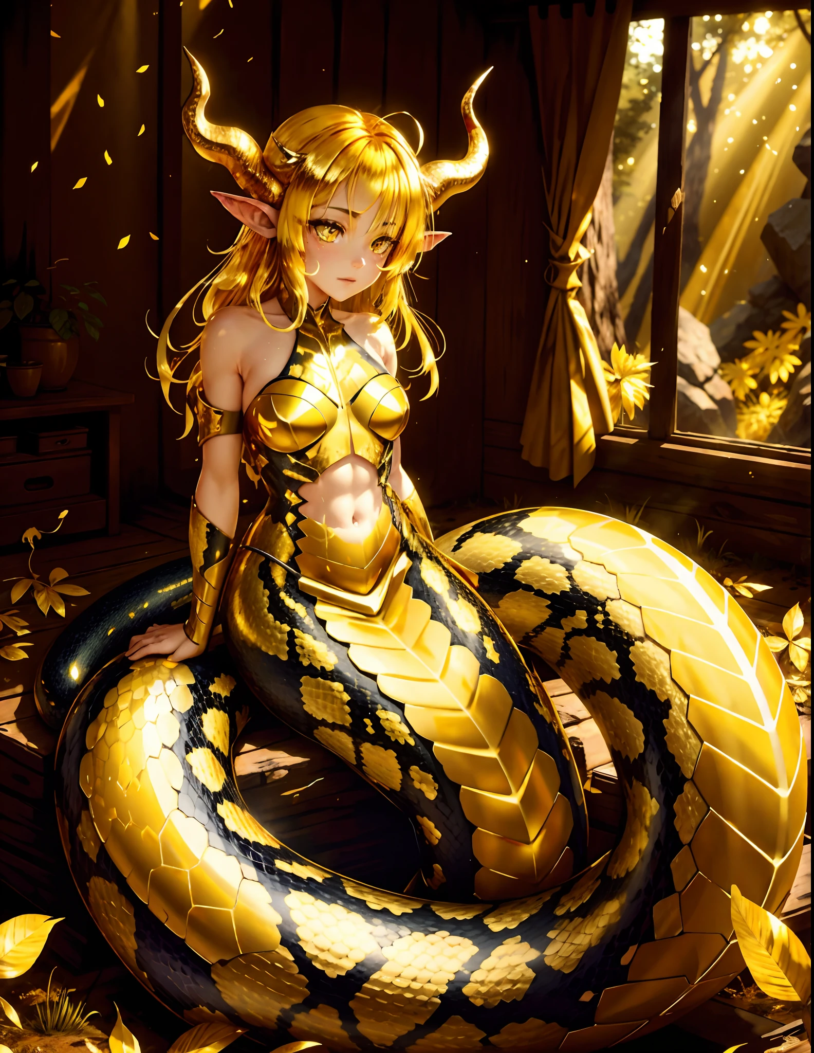 detailed snake skin, (Adult ), solo focus, (lamia), stoic, monster girl, (short horns), beautiful eyes, beautiful background, abandoned cabin, forest, light particles, sun rays, dramatic lighting, outside, grass, leaves, shiny (yellow, gold, yellow gradient:1.5), realistic, masterpiece, best quality, ultra-detailed, detailed, scenery, beautiful detailed eyes, detailed hair