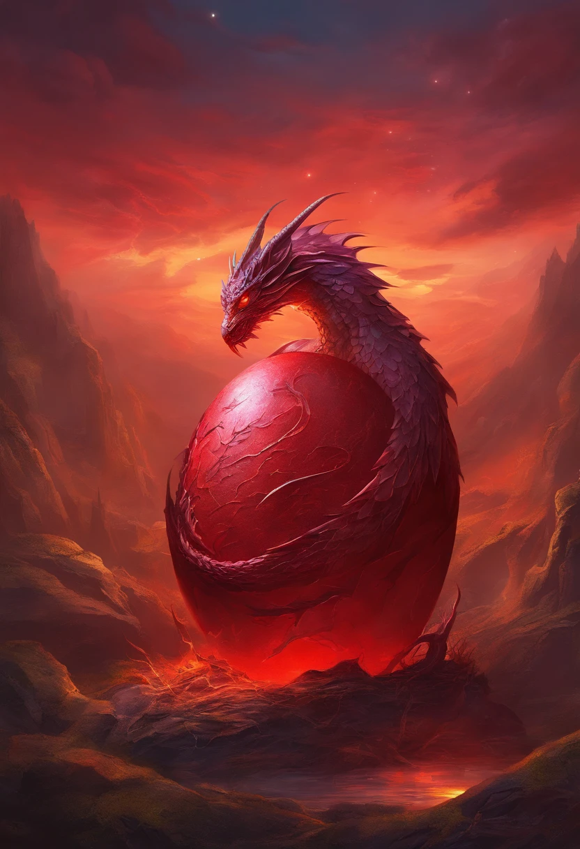 dragons red egg in nest cracked, hatching egg, red sky