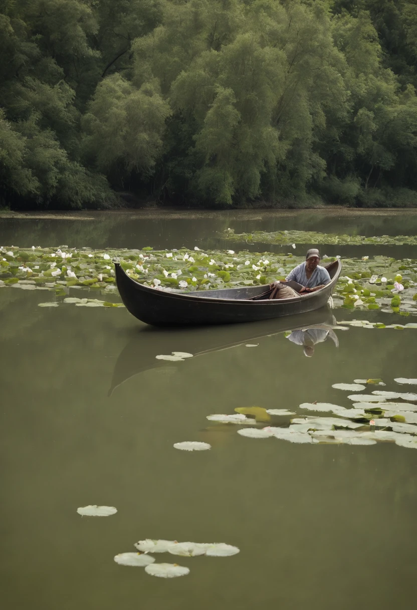 Large lotus ponds,The small area in the corner is dirty with the lake,Floating dead fish flies,A man on the shore holds a net to enforce the law,salvage。