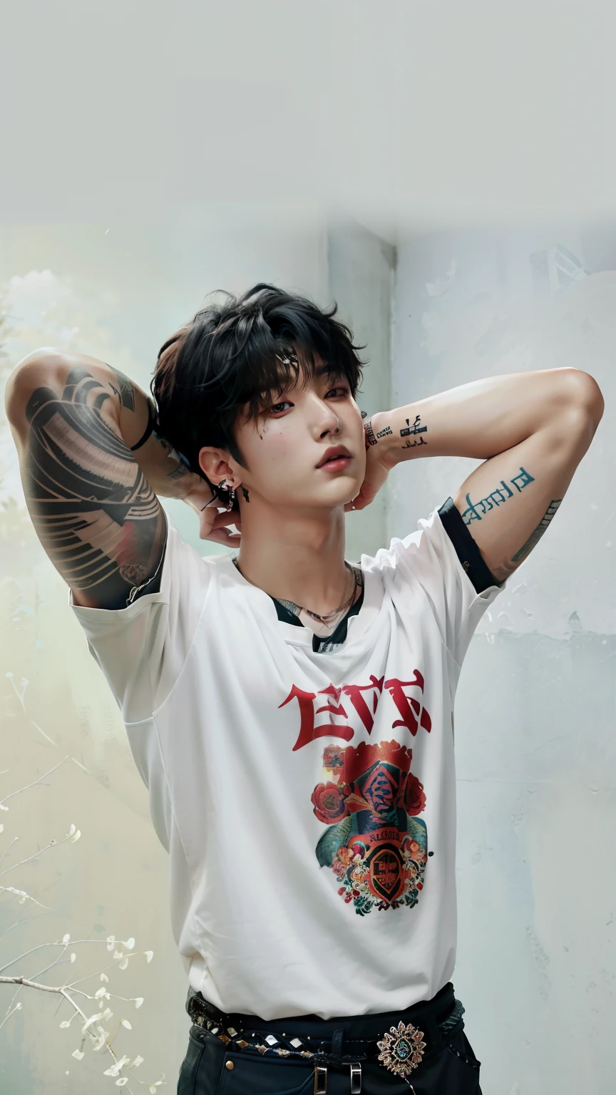 there is a man with tattoos on his arm and a shirt, jungkook, magazine scan, hq scan, uhq scan, hyung tae, taejune kim, cai xukun, inspired by Kun Can, black haired yoongi, magazine photo, mega scans, jinyoung shin, hong june hyung, catalog photo, ((oversaturated)), 2 1 savage, glossy from rain