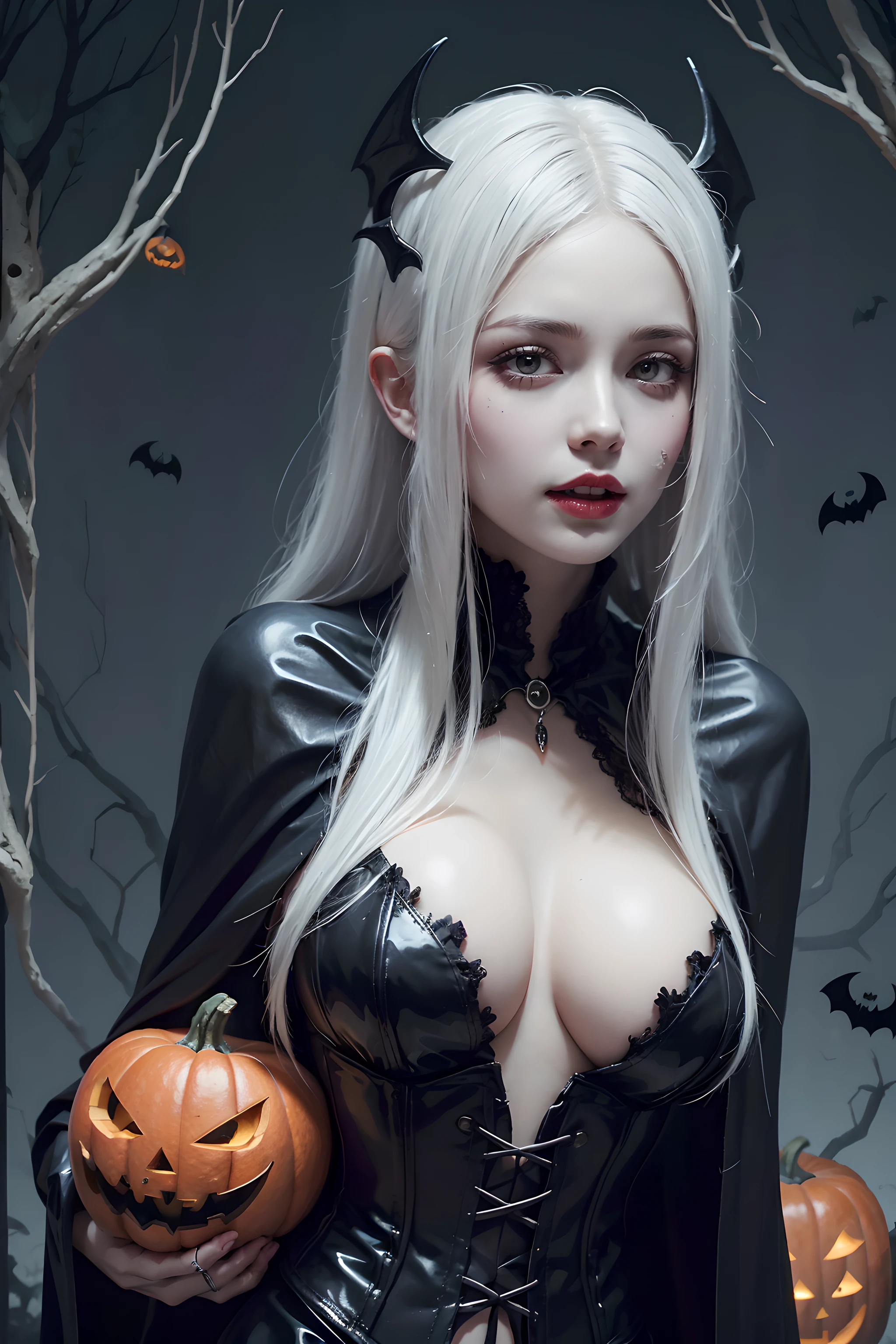 (Halloween theme:1.3), (fantasy:1.3), (vampire queen:1.3), (silver long hair:1.3), (red eyes:1.3), (vampire fangs:1.3), (extremely pretty and beautiful vampire queen:1.3), BREAK, Beautiful illustration, top-quality, (cute Russian vampire queen:1.3, Caucasian:1.3), having vampire features, (vampire queen:1.5), BREAK, (red eyes:1.5, pale skin:1.1), (beautiful, 20 years old:1.5), slim, slender, (big sagging breasts), (clean face:1.3), (vampire fangs:1.3), (ash hair:1.3), (white hair:1.3), (silver hair:1.3), BREAK, (fusion of red medieval cape dress and black elegant full lacy gothic dress), (latex corset), (black latex stockings), (knee-high-over-boots, pin-hells), (insanely detailed clothes), (halloween costume), BREAK, ((arms down:1.5)), blue eyess, lovely thighs, (jack o'lantern:1.3), (looking straight at the viewer), (view viewer:1.3), (upper body:1.3), top angle, (halloween:1.5), (halloween background:1.5), (low-key lighting, (moody ambiance):1.2, dark shadows, subtle highlights, mysterious aura),