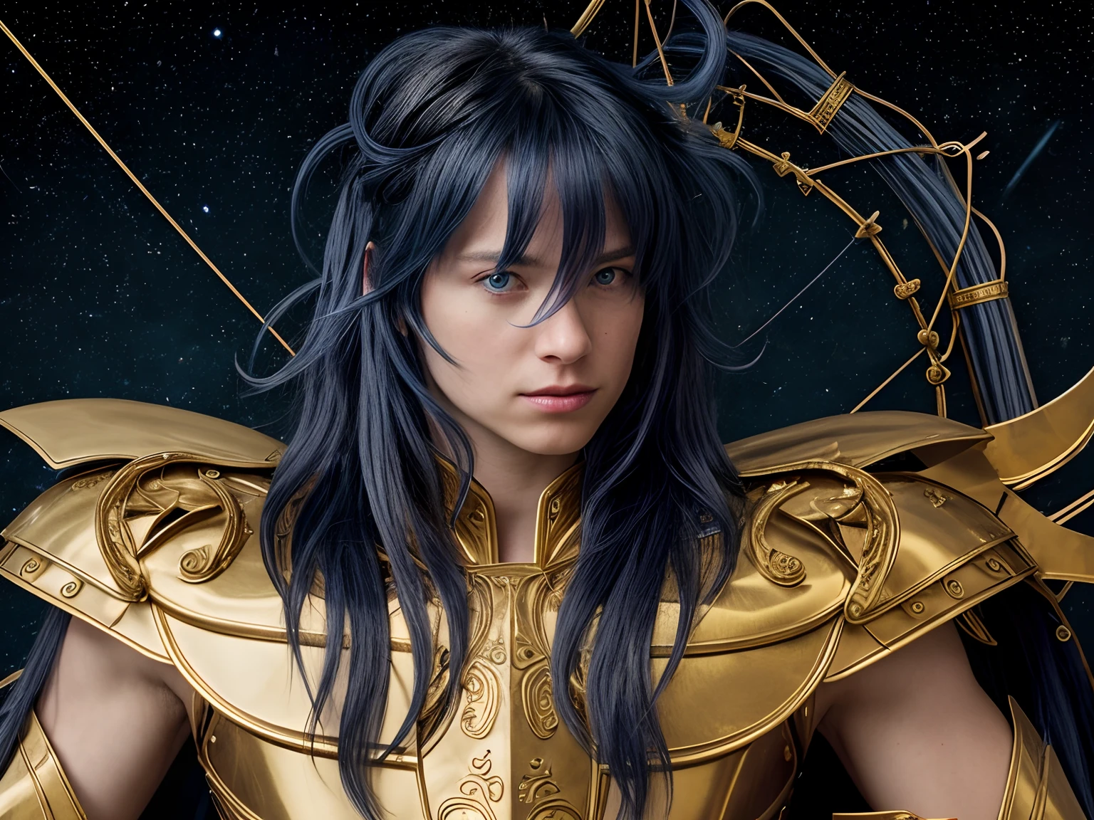 ((realistic)), (minimalist), an inspiring noble man, close up, 1boy, ((solo)), (35 years old), caucasian, (Determinate expression), ((long messy blue hair)), (bangs), (long hair), mouth shout (pretty big blue eyes), muscular, wearing an medieval armor, Scorpio Armor, (golden armor), shoulder armor, (scorpion constellation background), (full body armor), (detailed armor, high quality), (ornate armor), (hdr), (noble), inspiring, film, cinematic lighting,