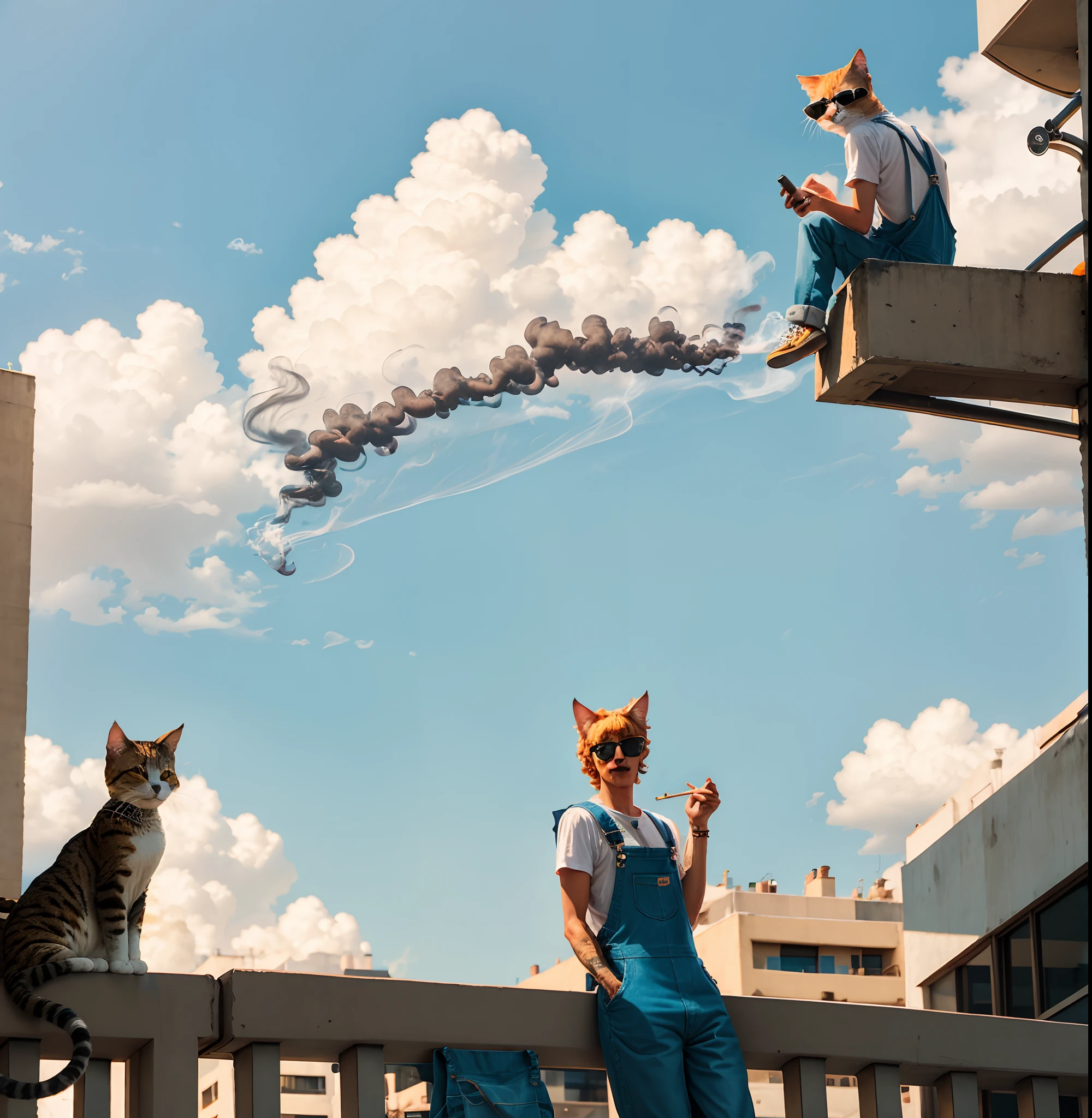 Cat wearing overalls and sunglasses smoking a blunt on a penthouse balcony in the day