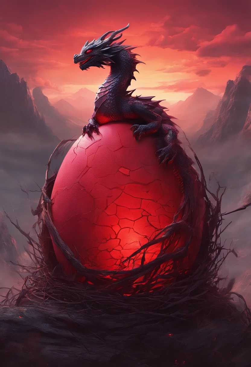 dragons red egg in nest cracked, hatching egg, red sky