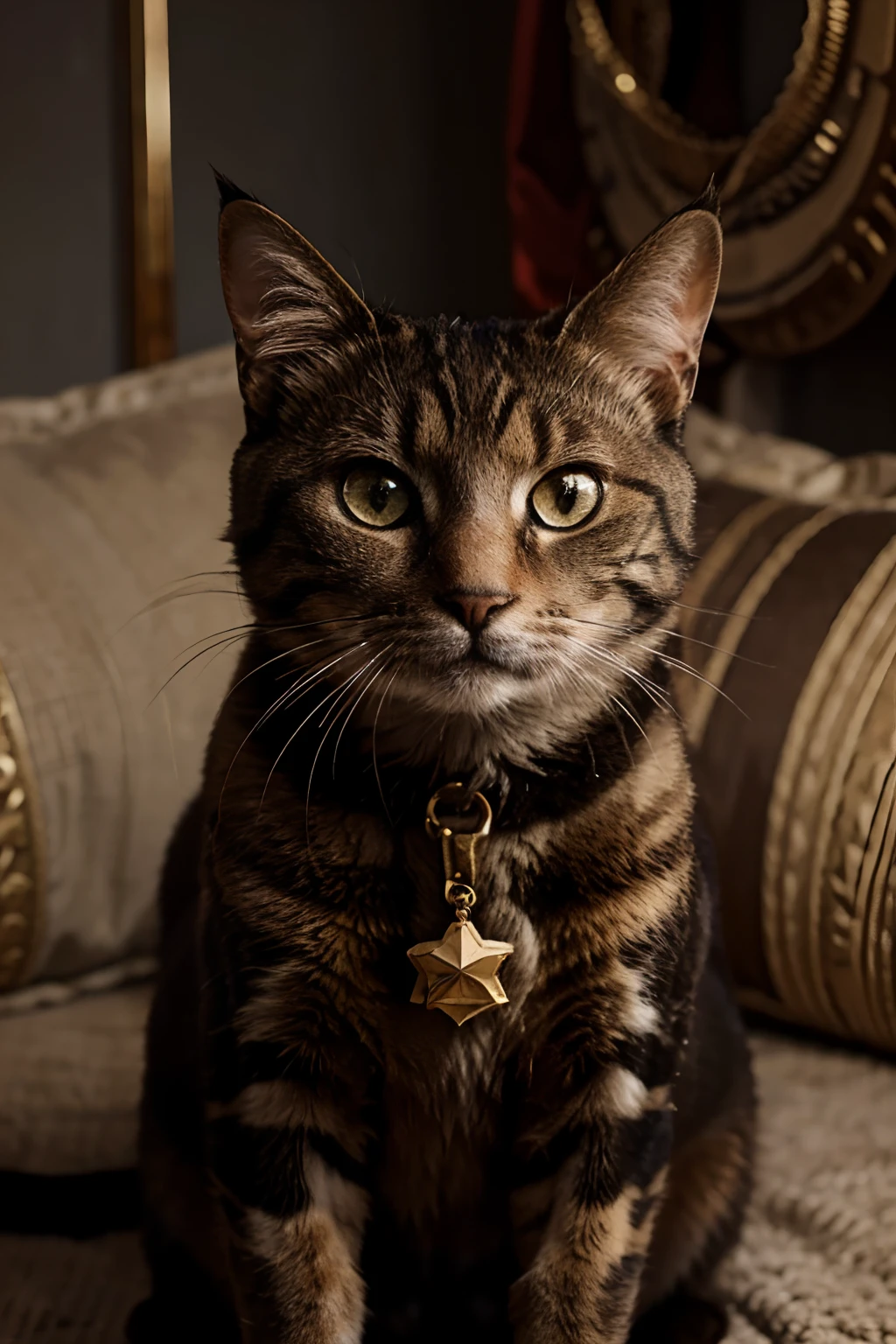Present an image of a vintage military decoration featuring a cat