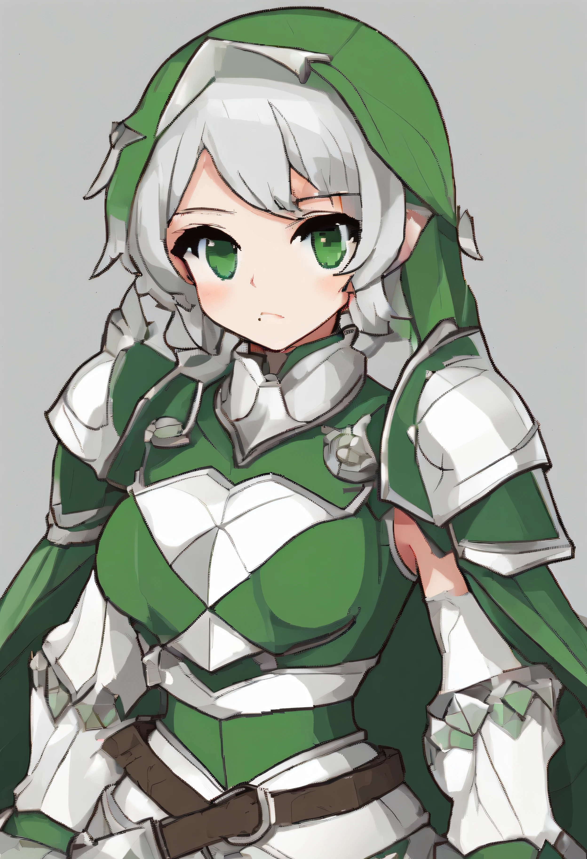 (8K,Best quality,style of anime),Ancient European realistic style armor,Silver-haired female knight,Green emerald pupils,High ponytail,Wearing silver-white armor,Delicate facial features,The drawing style is similar to that of characters in anime,Boots,Gaiters,with a pure white background,Character design,quadratic element,Include a small amount of introductory text, wallpaper android