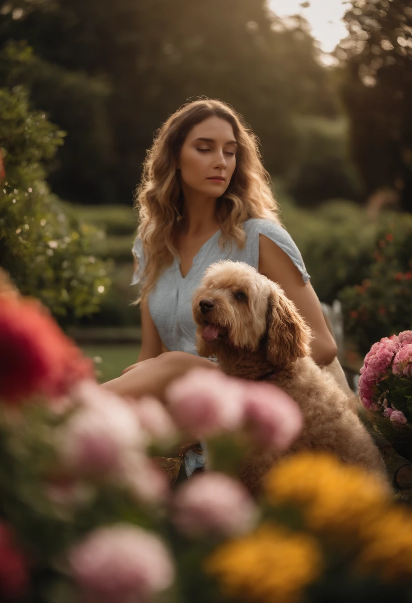 Menina doce,(parte superior do corpo), e Labradoodles no jardim, there are flowers, There are sources,