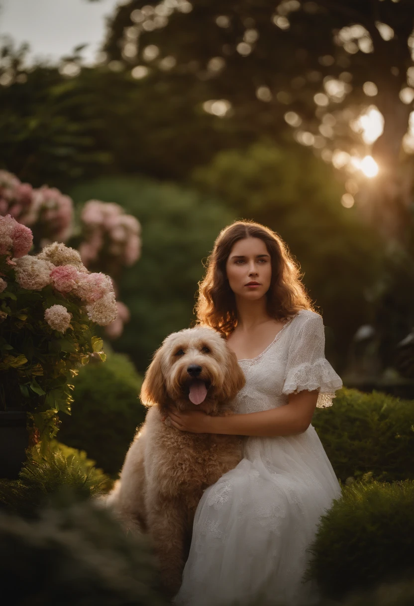 Menina doce,(parte superior do corpo), e Labradoodles no jardim, there are flowers, There are sources,