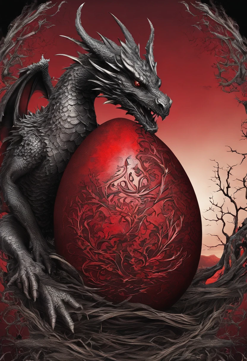 dragons red egg in nest cracked, hatching egg, red sky