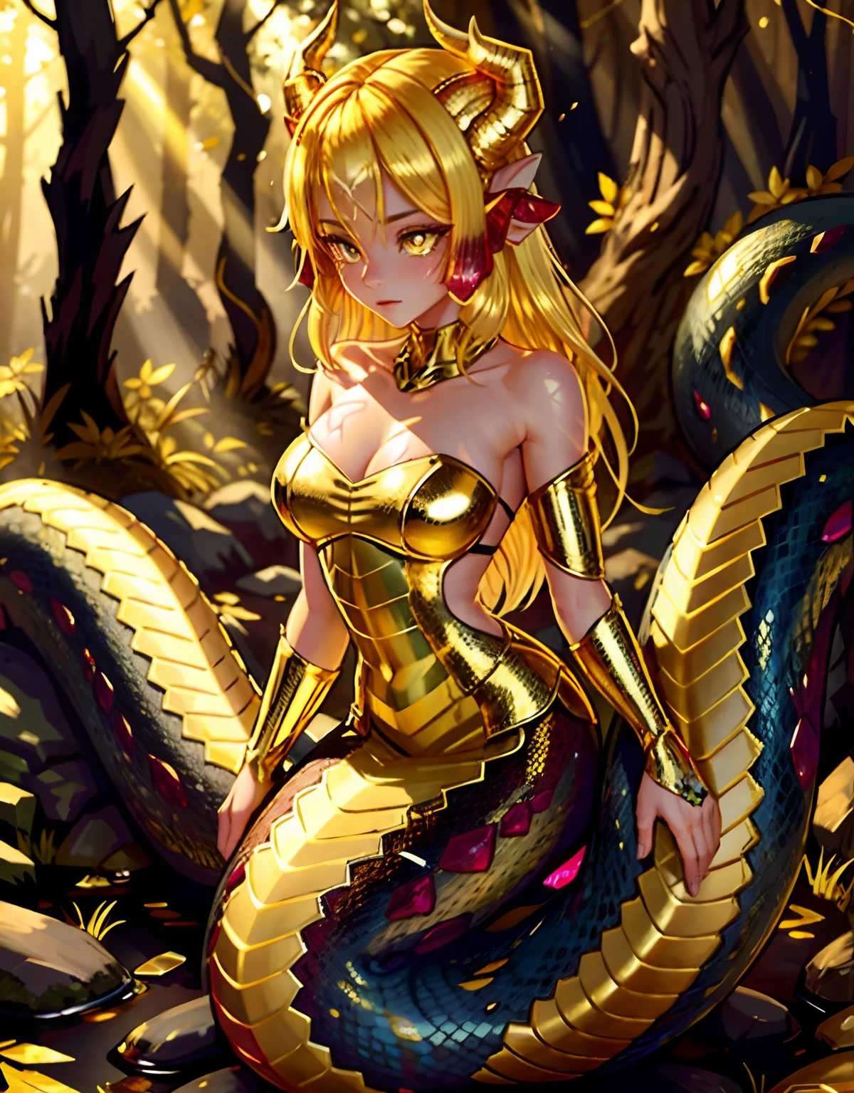 detailed snake skin, (Adult ), solo focus, (lamia), stoic, monster girl, (short horns), beautiful eyes, beautiful background, abandoned cabin, forest, light particles, sun rays, dramatic lighting, outside, grass, leaves, shiny (gold, ruby, yellow gradient:1.5), realistic, masterpiece, best quality, ultra-detailed, detailed, scenery, beautiful detailed eyes, detailed blonde hair