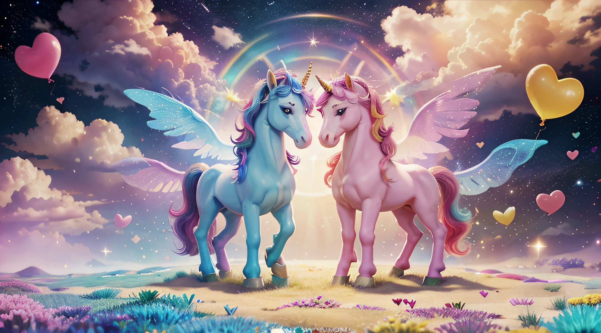 a vibrant and banner featuring unicorns, rainbows, and a variety of cute elements. The banner should have a whimsical and playful design that appeals to a young and feminine audience. Use bright and pastel colors, and be sure to incorporate elements such as stars, hearts, flowers, and any other motifs that complement the theme. The final banner should be visually stunning and convey a sense of joy and fantasy, unicorns , no humans, no girls, only unicorns