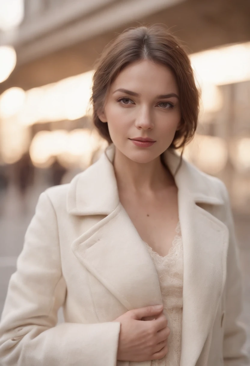 Pregnant woman in the city in a white coat, in the style of dark beige and beige, a closeup of a, Grid-based, high texture, soft, a  photo of a, Made with Provia, people/naïve