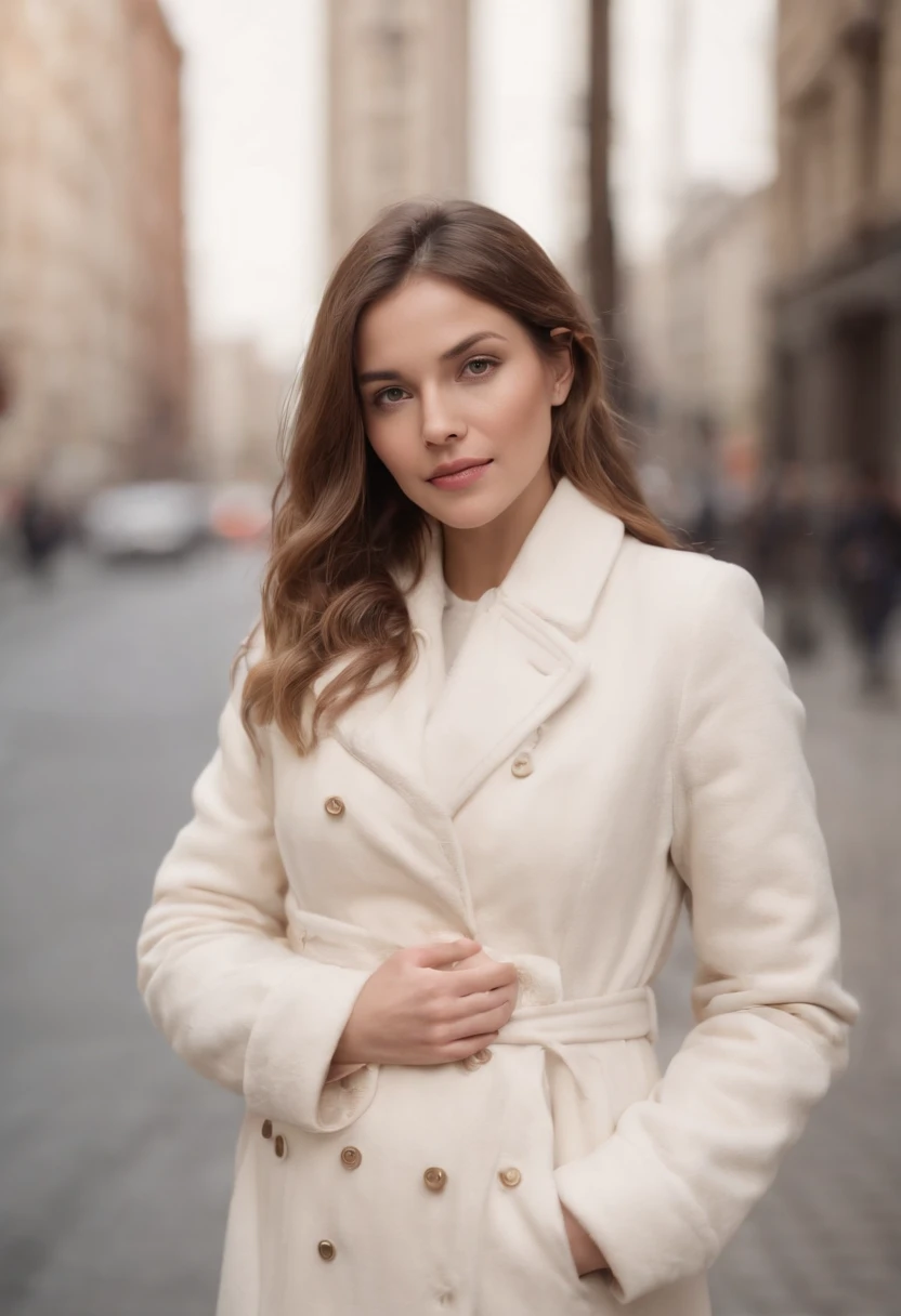 Pregnant woman in the city in a white coat, in the style of dark beige and beige, a closeup of a, Grid-based, high texture, soft, a photo of a, Made with Provia, people/naïve
