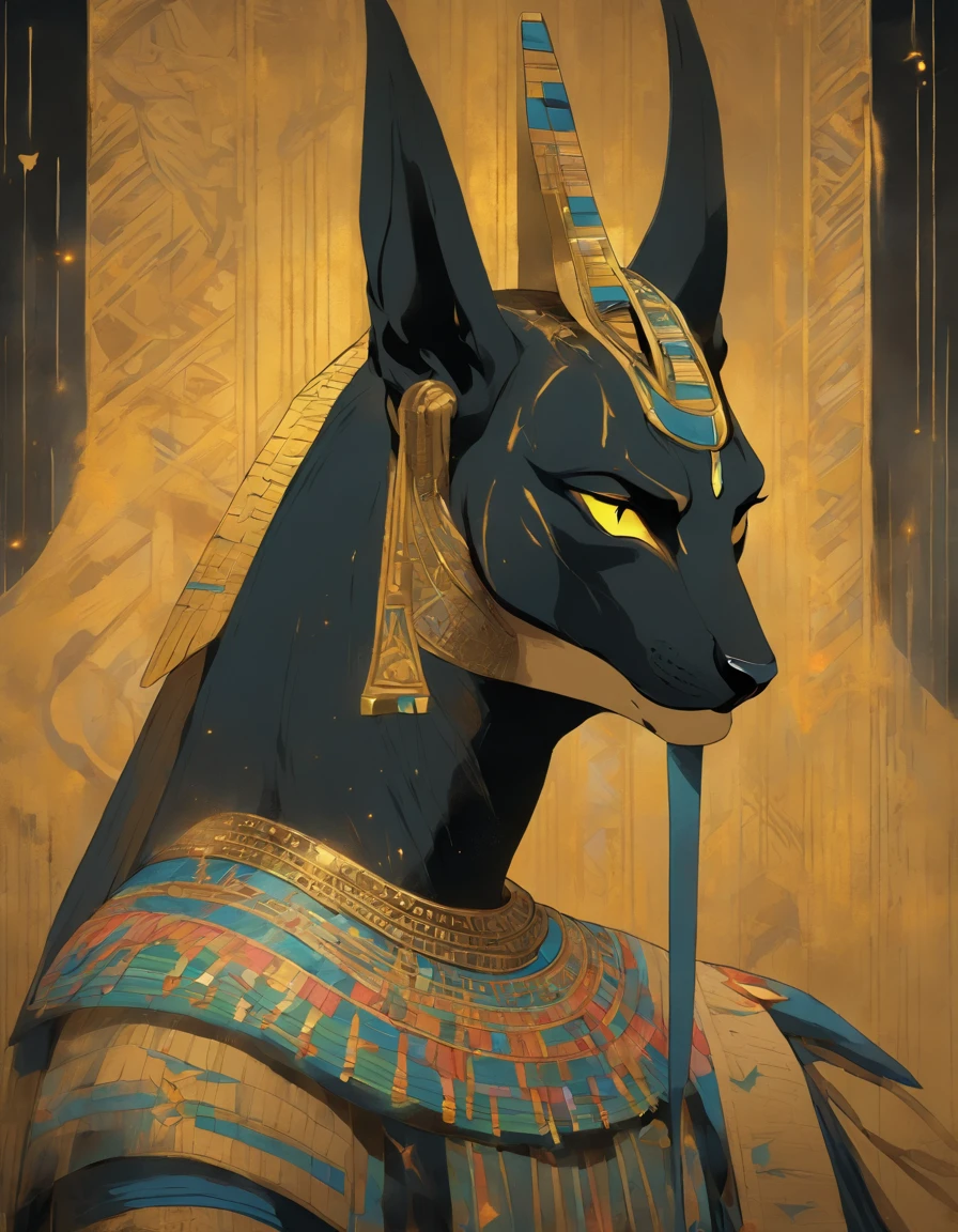 A dark and moody portrait of Anubis, The Egyptian God of Death, With golden tears, voltado diretamente para o espectador. Her face is detailed and intricate, no estilo de Hilma af Klint, cores fortes. The background is dark and subtle, making the focus of the portrait of Anubis himself. The image is evocative and mysterious, convidando o espectador a contemplar seu significado.