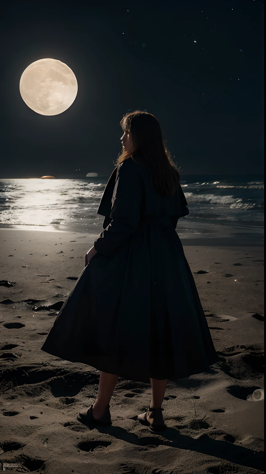 A woman is standing on the beach and looking at the moon, In the style of Roger Deakins, The Moon Behind Her, Inspired by Roger Deakins, Standing in the moonlight, In front of the big moon, Standing on the Moon, moonscape, Before the Full Moon, Before the Moon, moon light, Looking at the Moon, On the Moon