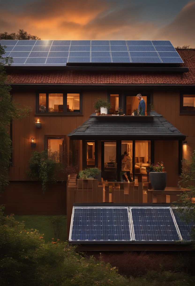 "in a real-life scenario, A man inspects the installation of solar panels on a roof of a house, Checking if everything is right)