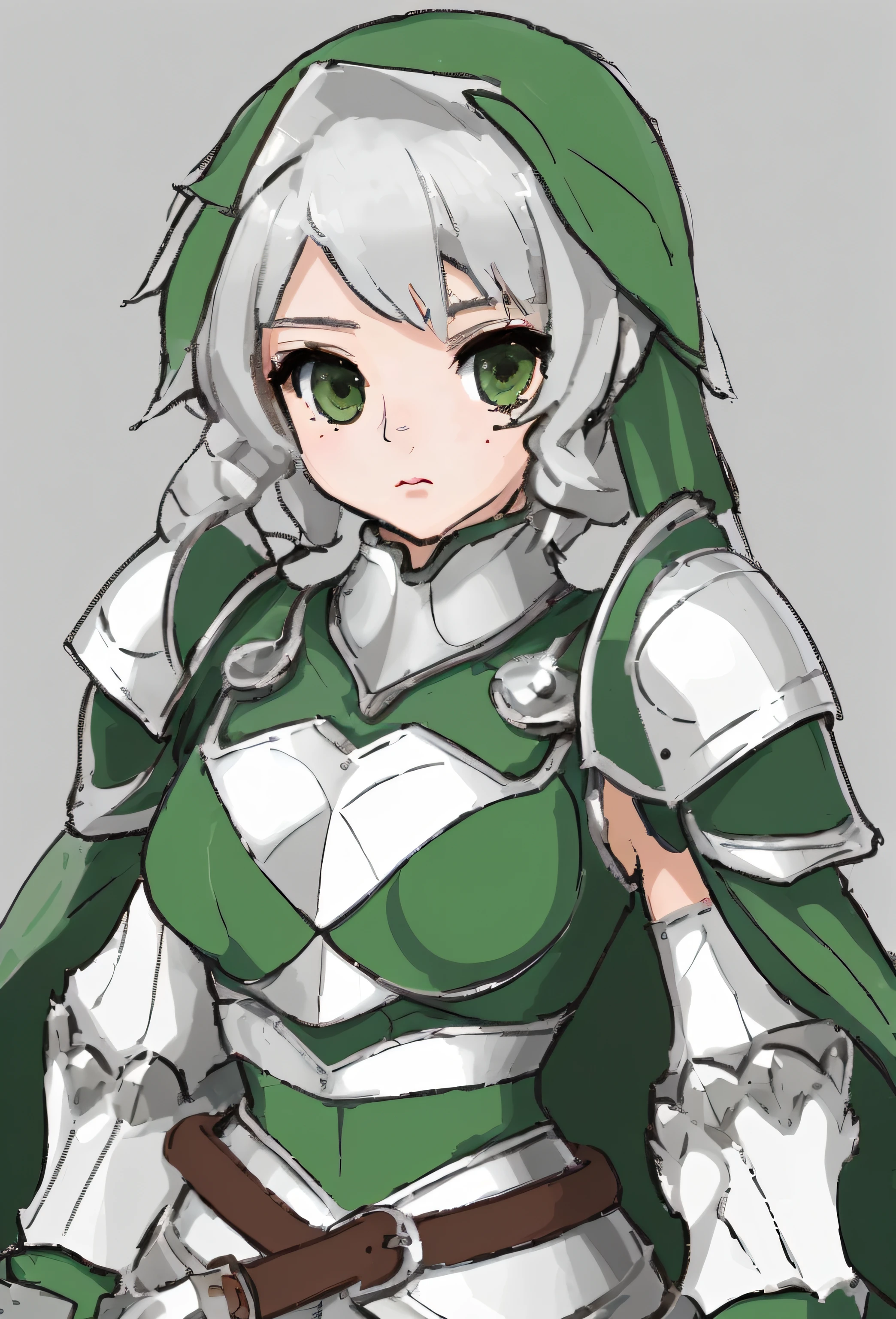 (8K,Best quality,style of anime),Ancient European realistic style armor,Silver-haired female knight,red ruby pupils,High ponytail,Wearing silver-white armor,Delicate facial features,The drawing style is similar to that of characters in anime,Boots,Gaiters,with a pure white background,Character design,quadratic element,Include a small amount of introductory text, wallpaper android