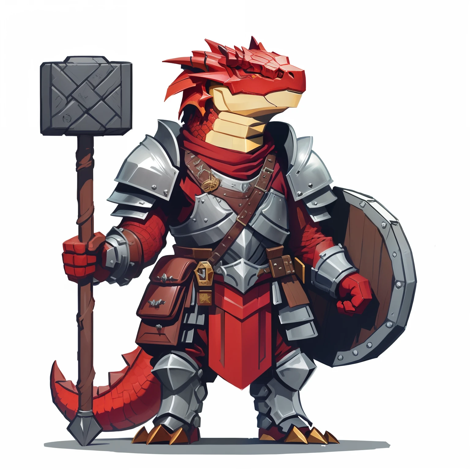 A cartoon image of a red dragon with a hammer and armor, com armadura escamosa, dragon inspired armor, Dragon scale armor, Dragon armor, conceito de guerreiro lagarto, Caracteres DND, guerreiro reptiliano, Fantasia D&D Personagem, Dragonborn, Lagarto, fantasy inspired dragon armor, personagem dnd guerreiro, Dragon Knight, dragon tattoo on face