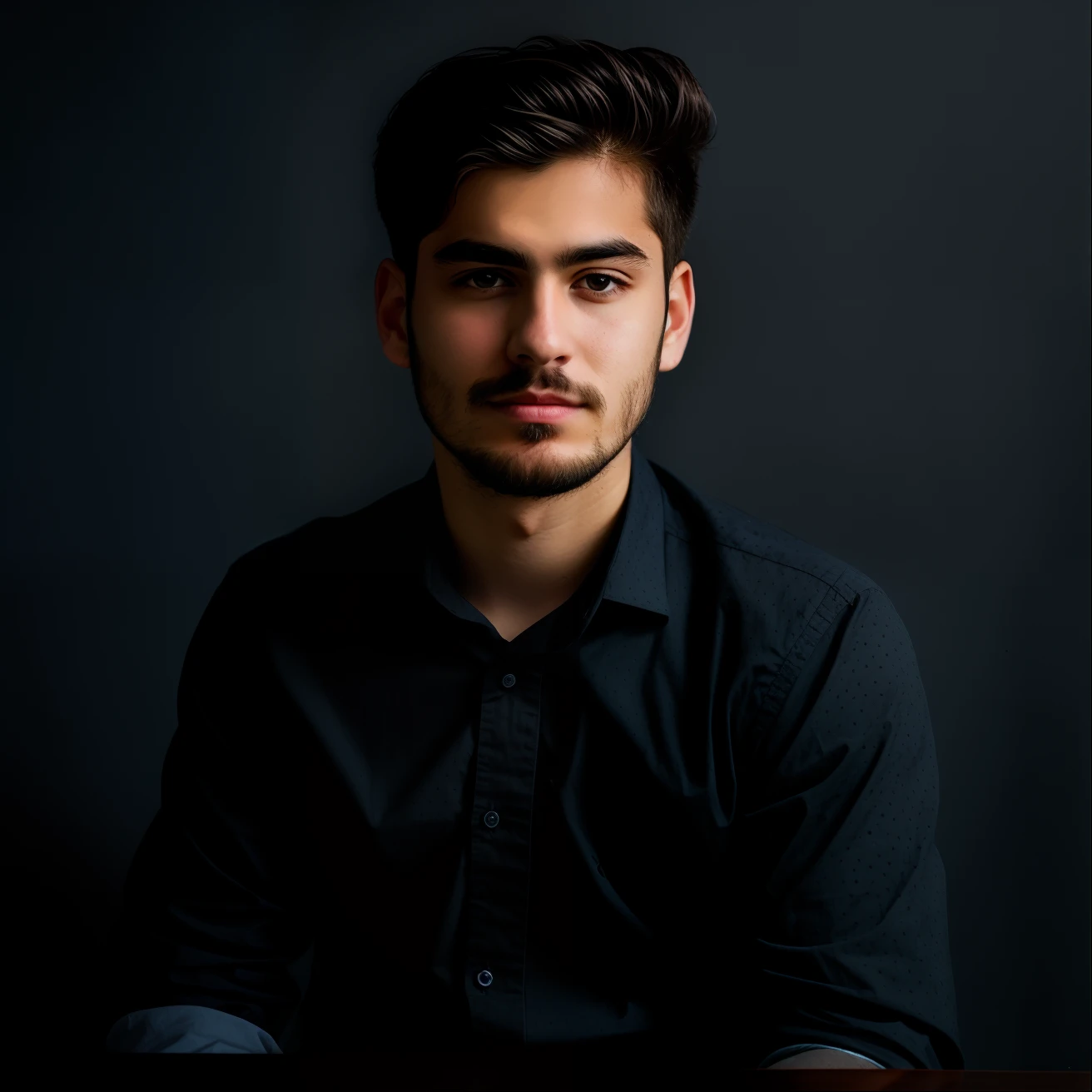 a boy with small beard hair sitting in dark realistic with dark blue shirt