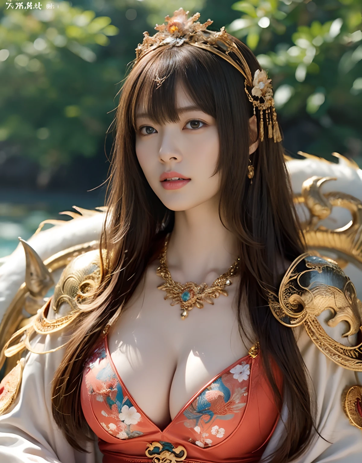 (Fight fiercely with dragons)、top-quality、masterpiece、超A high resolution、(White Dragon Armor)、(((Colossal tits))),dragon armor、(Wearing a beautiful crown made of jewels),(Photorealsitic:1.4)、Raw photo、1人、Golden hair、((Floral hair ornament))),glowy skin、(((Chinese Dragon)))、(Gorgeous Jewelry Necklaces)、Natural remains、(Mystical expression)、(Full Body Angle)、(Fight big dragons)、With a beautiful knife、(((Mansuji))),(Pink Metal Bikini)、(beautiful forest background)、Precipitous cliffs、(Castle background)、((super realistic details))、portlate、globalillumination、(sexypose)、Shadow、octan render、(One-Eyed Scouter)、8K、ultrasharp、Colossal tits、Raw skin is exposed in cleavage、metals、Details of complex ornaments、Japan details、highly intricate detail、Realistic light、CGSoation Trends、Blue eyes、radiant eyes、Facing the camera、Precipitous cliffs、Toostock、(Full Body Angle)、(veils)、(((Heavy Big))),