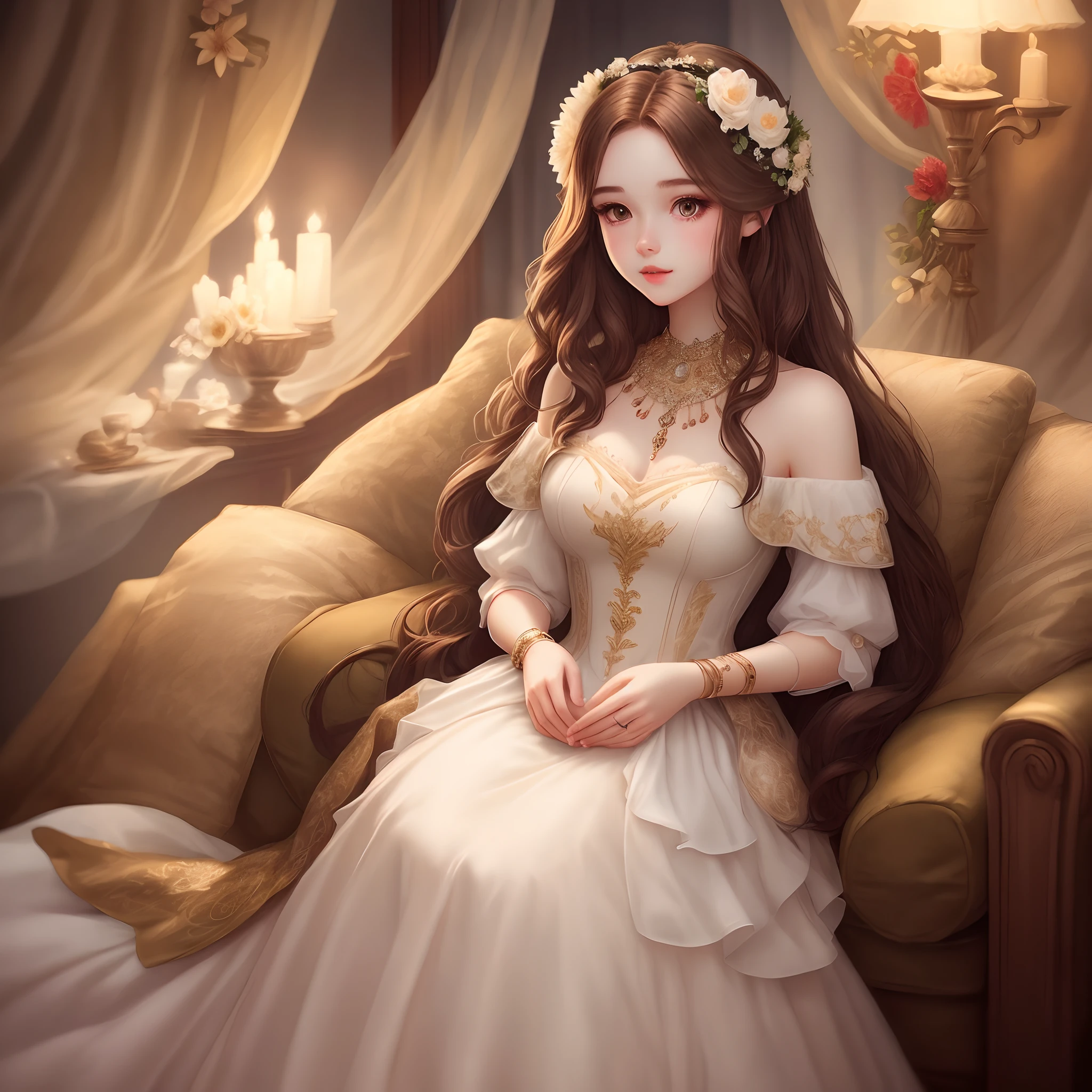 CG illustration, female, long brown hair, wearing flower ornaments, long dress, dressed elegantly, jewelry, aesthetic, beautiful