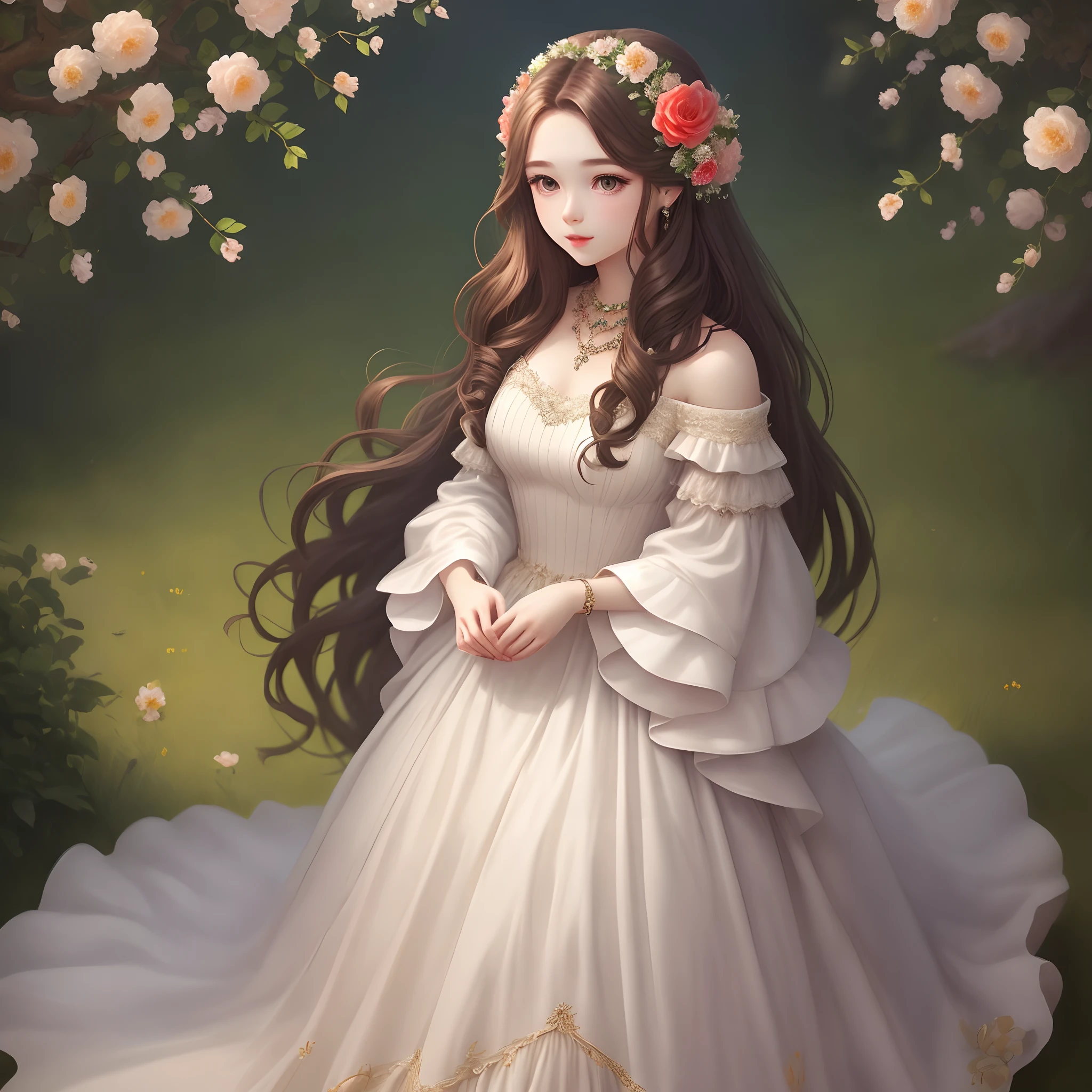 CG illustration, female, long brown hair, wearing flower ornaments, long dress, dressed elegantly, jewelry, aesthetic, beautiful