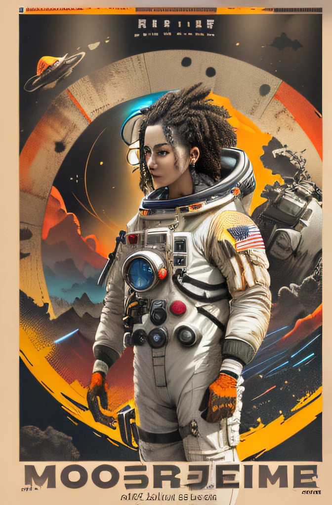 ((((Dramatic))), (((grittiness))), (((Intense))) There is a Aristoteles on the movie poster(woman astronaut)is the central figure。(She stands confidently in the center of the poster)。The background is dark and gritty,There is a sense of danger and a strong feeling。The text is bold and eye-catching,With catchy slogans,Adds to the overall drama and excitement。The color palette is dominated by dark colors,Dotted with bright colors,Make the poster dynamic and visually striking,tachi-e (Magazines:1.3), (Cover-style:1.3), Fashionab, woman, vibrant, Outfit, posing on a, Front,rich colourful,dyna,Background with,element in,self-assured,Expressing the,halter,statement,Attachment,A majestic,coil,Runt,Touching pubic area,Scenes,text,Cover of a,boldness,attention-grabbing,titles,Fashionab,typeface,Catchy,titles,more big,Smart、moderno、Trendy、focus-on、Fashionab、