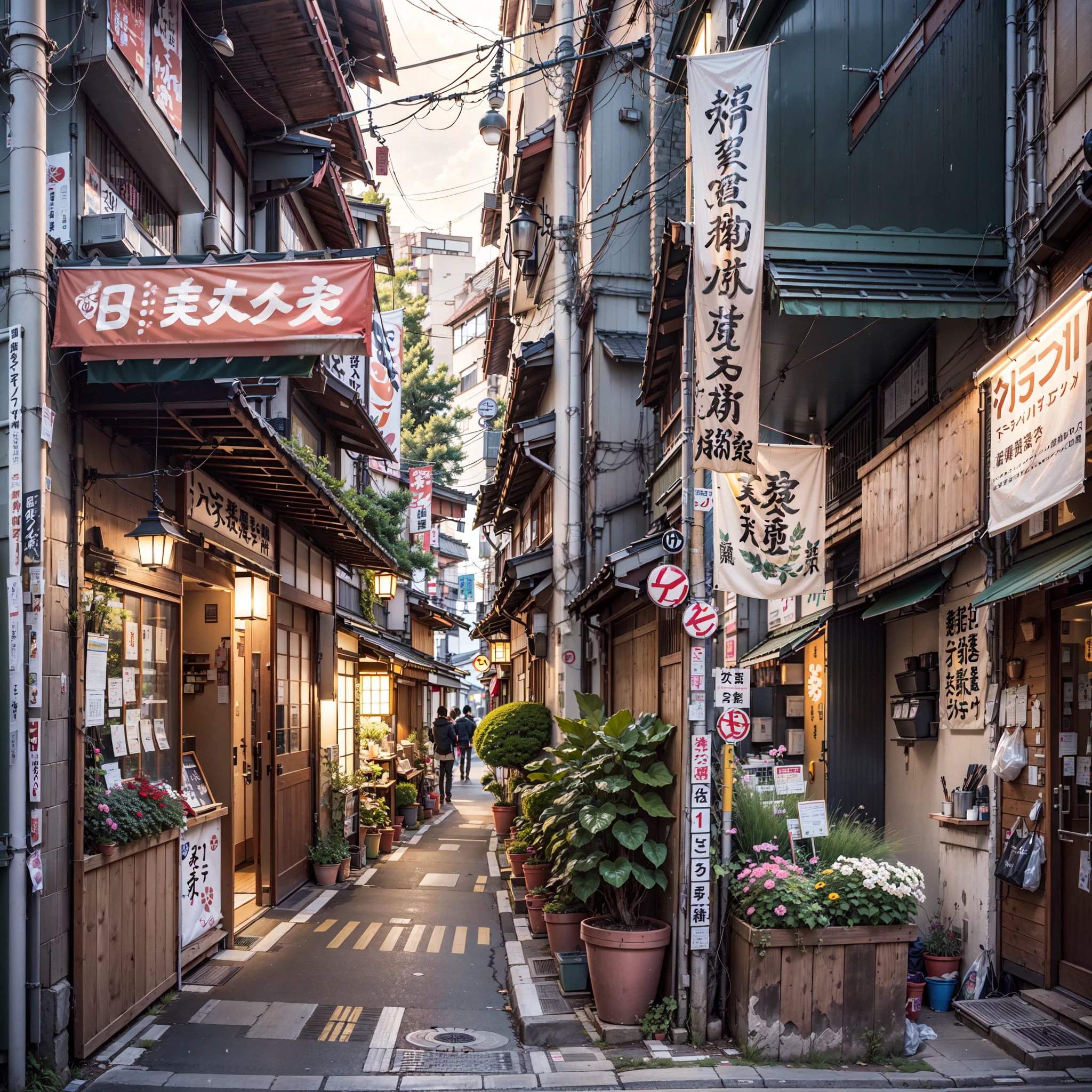 anime background, anime wallpaper, anime, anime style, anime aesthetic, compact urban japanese alley, modern japanese coffee shop, golden lighting coming out of coffee shop window, narrow pathway, plant pots, trees, rocks, trash cans, gutters, pipes, telephone wires, air vents, air ventilation systems, japanese banners, japanese shop signs, japanese billboard, no one in sight, no people, empty street, (no one: 1), best quality, mid day, modern japan architecture, tokyo,