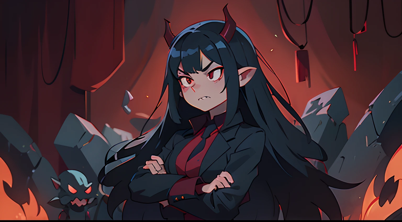 A dark, gloomy room with the faint glow of red light in the background. In the foreground, a female demon with horns, sharp teeth, and long black hair stands with her arms crossed. She wears a stylish outfit, consisting of a suit jacket and a silk dress. Her expression is unreadable, but her hands rest on a red vial in front of her, which glows with a demonic energy. The background is blurred, giving the image a sense of depth and adding to the ominous atmosphere.