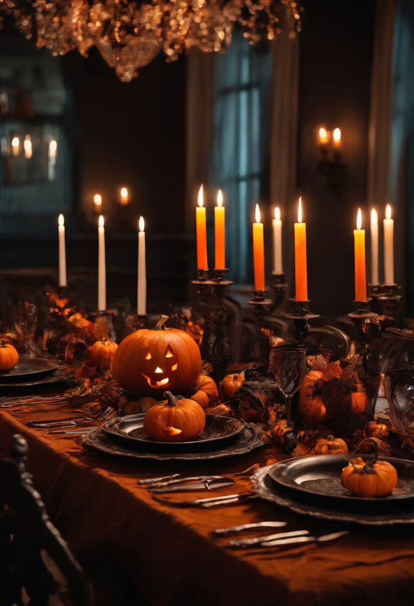 mesa de halloween nova, completa com pratos, talheres, Glasses, Table decorations and no person in the picture