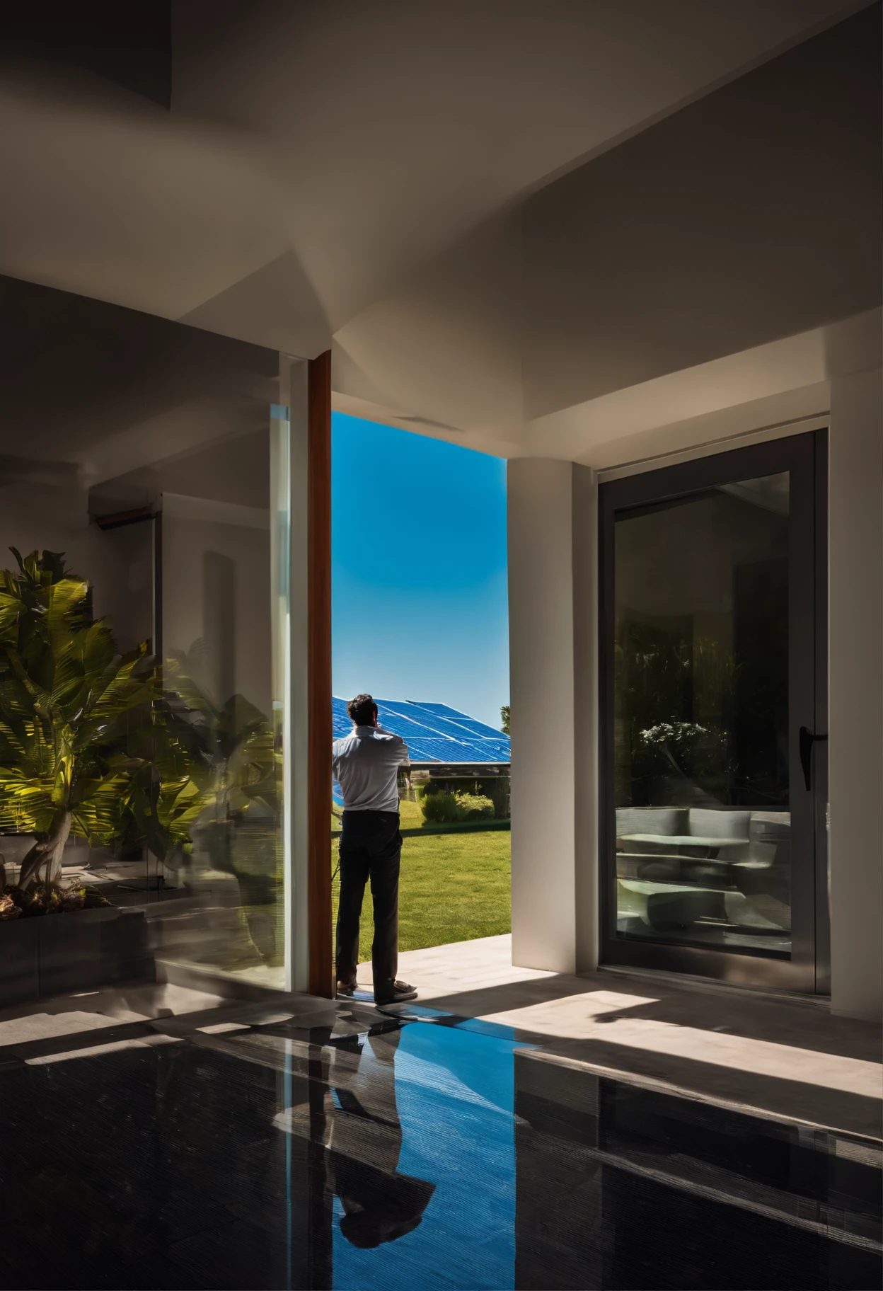 "visto de cima, em um dia muito ensolarado, An engineer inspects the installation of solar panels in a modern home"