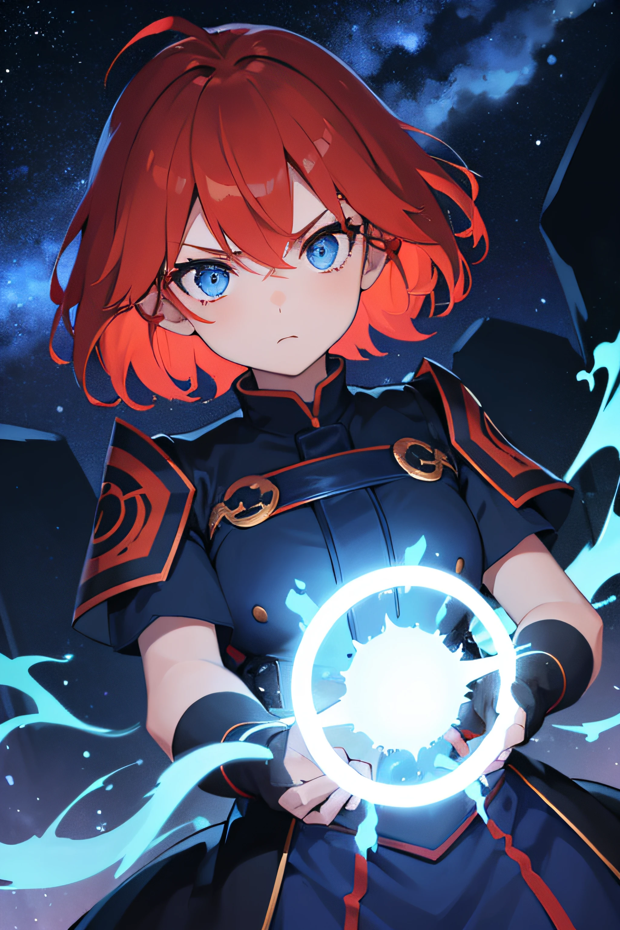 (girl:1.1), (short fiery red hair), (blue eyes), (surrounded by blue flames), (staring at the observer), (serious and expressionless), (night sky), (blue flame), (8K)