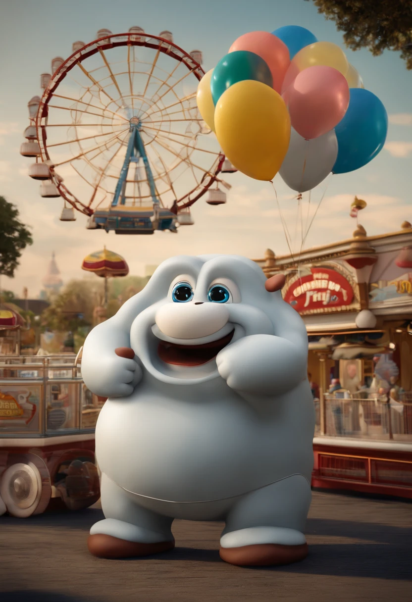 Image of Bibendum getting ready to ride a Ferris wheel : depict Bibendum standing in front of a Ferris wheel, regardant vers le haut avec enthousiasme. He can hold an entrance ticket in one hand and a tire-shaped balloon in the other.