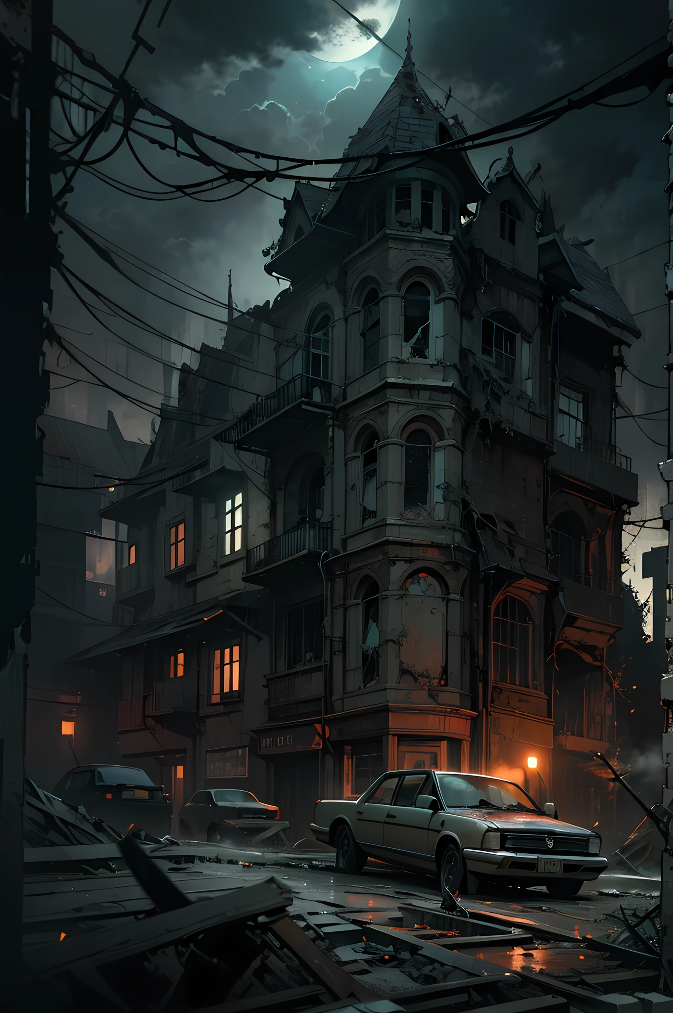 (best quality,highres:1.2),ultra-detailed,realistic,photorealistic:1.37,horror,creepy,grim,dark,desolate,decayed,dilapidated,crumbling buildings,dense,ominous fog,thick mist,haunting,unsettling,lonely,distant figure,collapsed structures,overgrown vegetation,barren streets,spooky,ominous silence,abandoned cars,ominous clouds,broken windows,shadows lurking,unearthly,moonlit sky,empty playground,distant siren wailing,cinematic lighting,intense shadows,dramatic composition,distorted reality,dreamlike,nightmare-inducing,unusual perspective,stylistic distortions,exaggerated features,emotionally charged,fear,anxiety,mystery,dread,suspense,nail-biting tension,desolation,unseen danger,unfamiliar,uncanny,uncertain,color palette: dark and desaturated,sharp contrast,deep blacks,ominous red highlights,flickering streetlights,diminishing perspective,strange-cloaked figure,almost glowing eyes with intense gaze,anime style with sketching,comic book-like,angular brushstrokes,vivid details