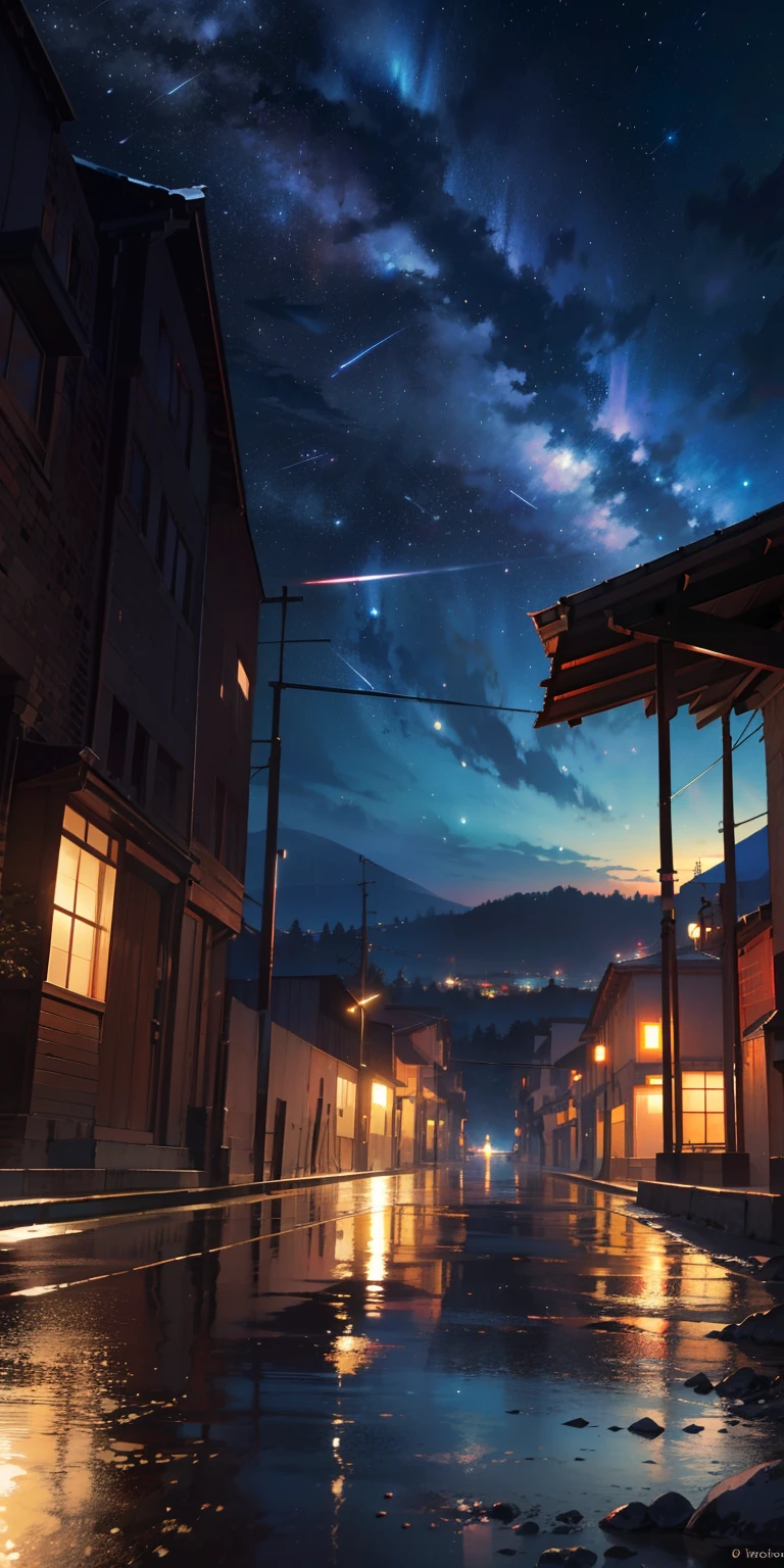 (best quality,4k,highres,masterpiece:1.2),ultra-detailed,(realistic,photorealistic,photo-realistic:1.37),HDR,UHD,studio lighting,ultra-fine painting,sharp focus,physically-based rendering,extreme detail description,professional,vivid colors,bokeh,landscapes,night sky,falling meteor shower,glimmering stars,pastel colors,ethereal glow,scenic beauty,impressionistic style,Makoto Shinkai