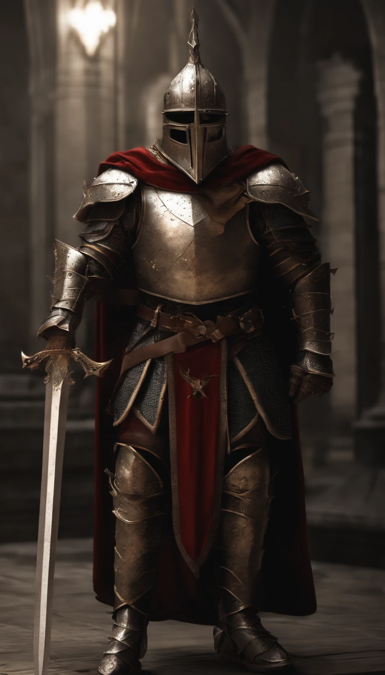 (Best quality,4K,8K,A high resolution,Masterpiece:1.2),Ultra-detailed,(Realistic,Photorealistic,photo-realistic:1.37),A sword-wielding demon armor warrior stood in the hall, Full body portrait of the mysterious knight, Wearing heavy armor，A sacred warrior wielding a legendary sword, Mythical warriors in full-body armor, A golden knight with divine armor, The helmet is decorated with the devil's horns, The eyes glow blood-red, Concept art for glorious figures, Crimson Armor Knight, Epic Paladin armor, Holy medieval knight, Kneel on one knee, Blades embedded in the earth, ??????????, Full body shot.