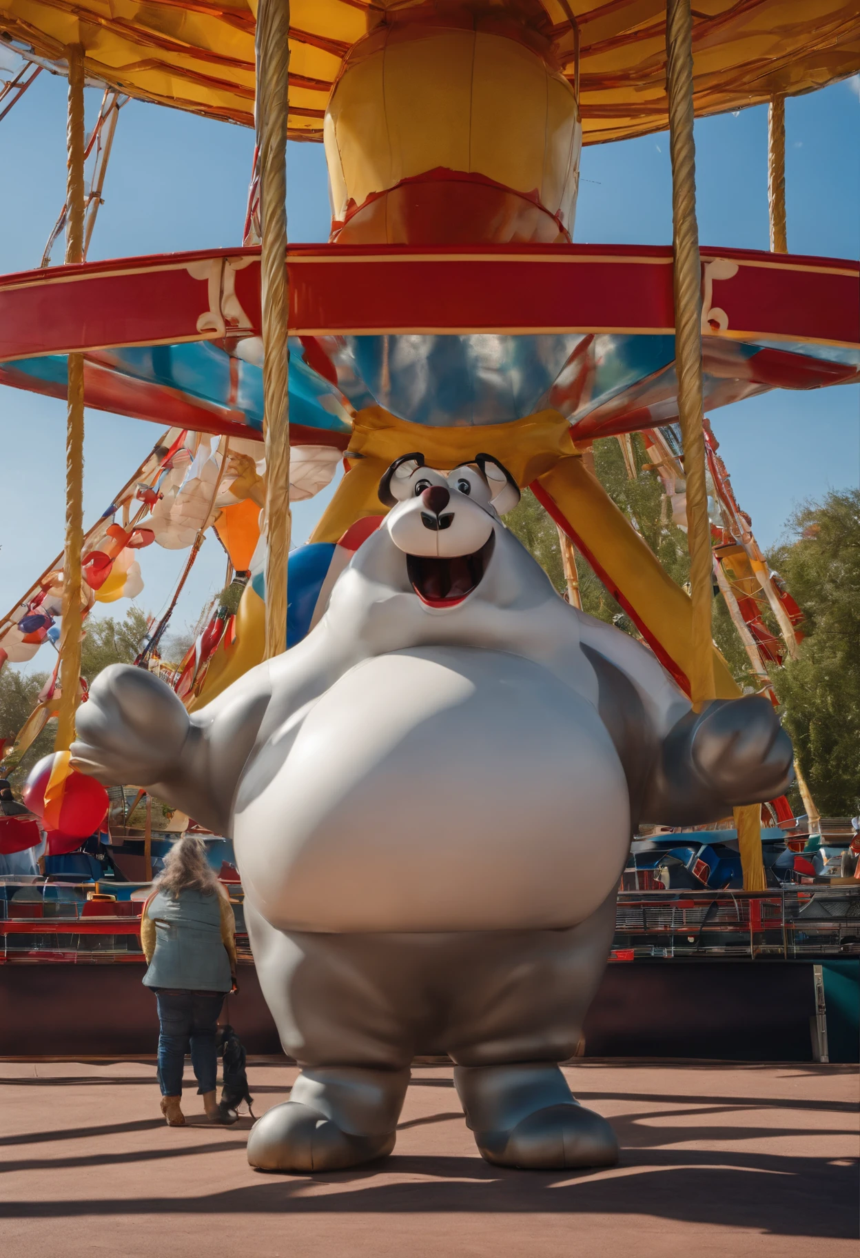 Image of Bibendum getting ready to ride a Ferris wheel : depict Bibendum standing in front of a Ferris wheel, regardant vers le haut avec enthousiasme. He can hold an entrance ticket in one hand and a tire-shaped balloon in the other.