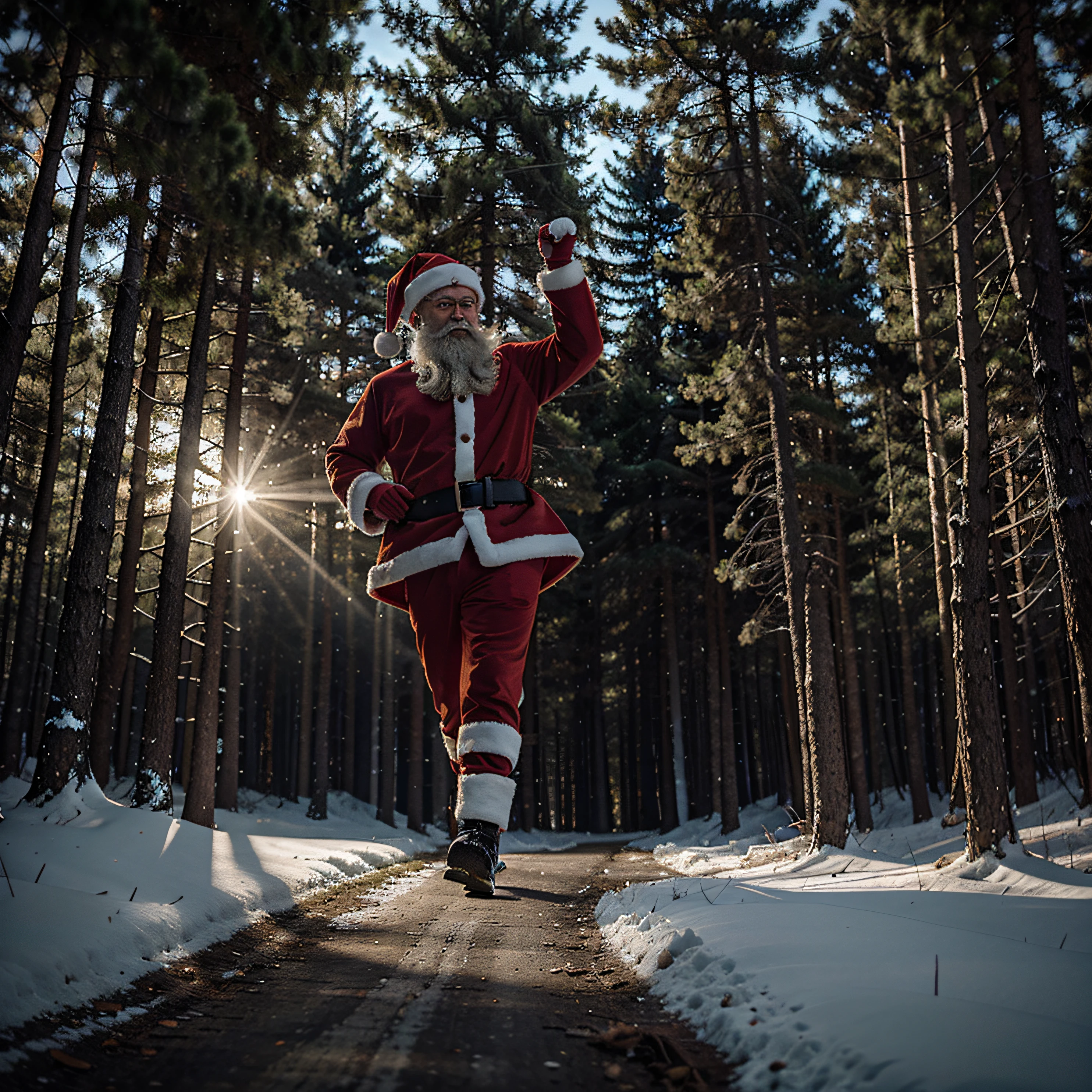 lots of Santa run in dark forest