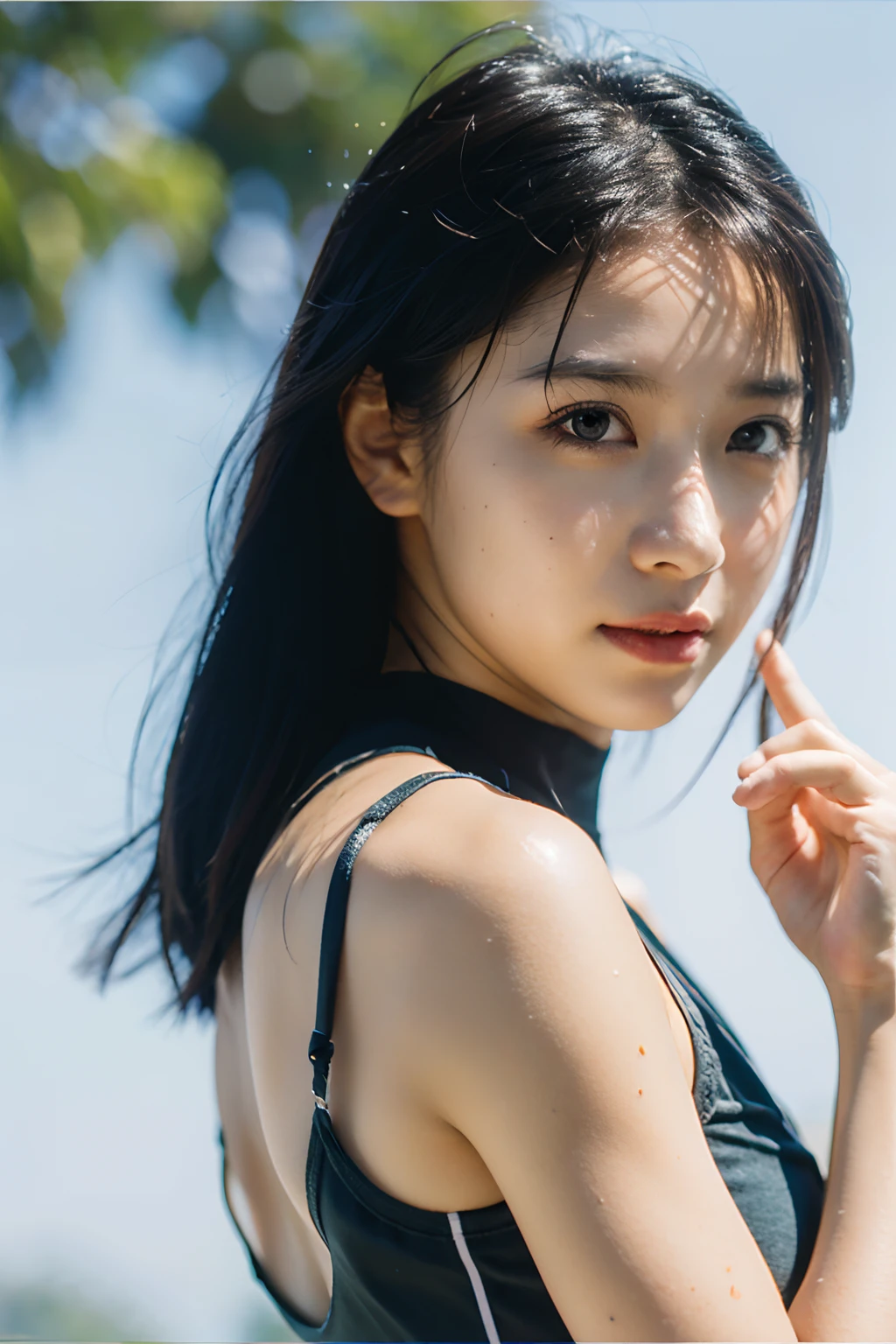 Best Quality, Masterpiece, Ultra High Resolution, (Realistic: 1.4), Original Photo, Official Art, Wallpaper, Bust Photo, Solo, Skin, Simple Background, Black Eyes, Detail, Fingers, 1 Girl, Sports Fitness, Breeze, Sunlight, Water Mist, Studio Light,
