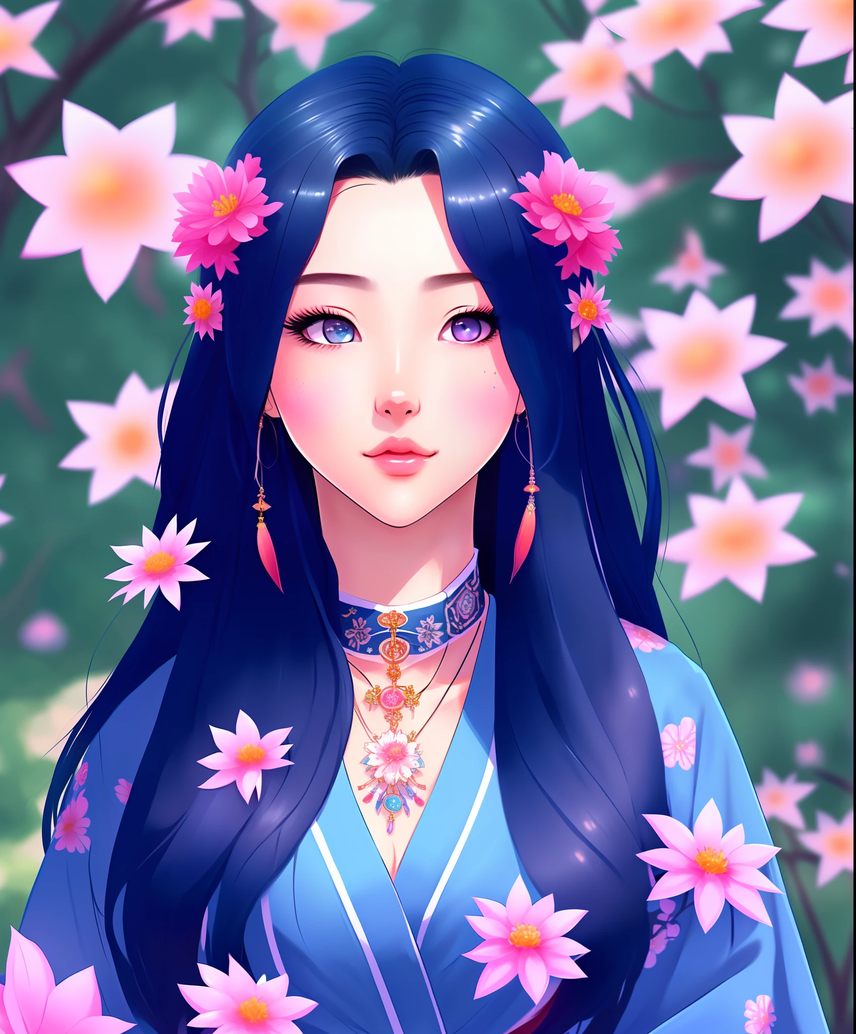 CG illustration, teen female, long dark blue hair, wearing flower ornaments, wearing a kimono, dressed elegantly, jewelry, aesthetic, beautiful