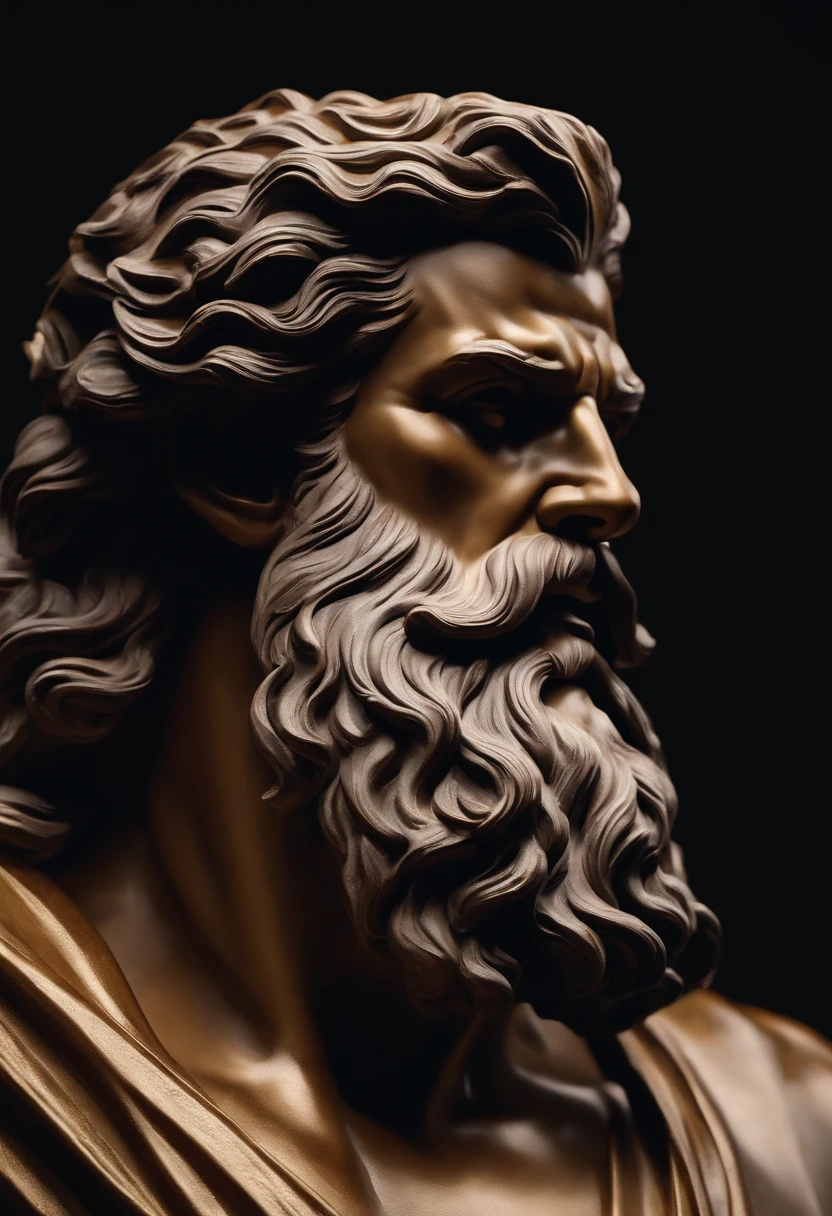 Crie uma imagem 8K inspiradora representando um Zeus grego ,Forte, olhando para o lado, immortalized as a bust statue, Single bust statue, com detalhes minuciosos, com tom escuro
