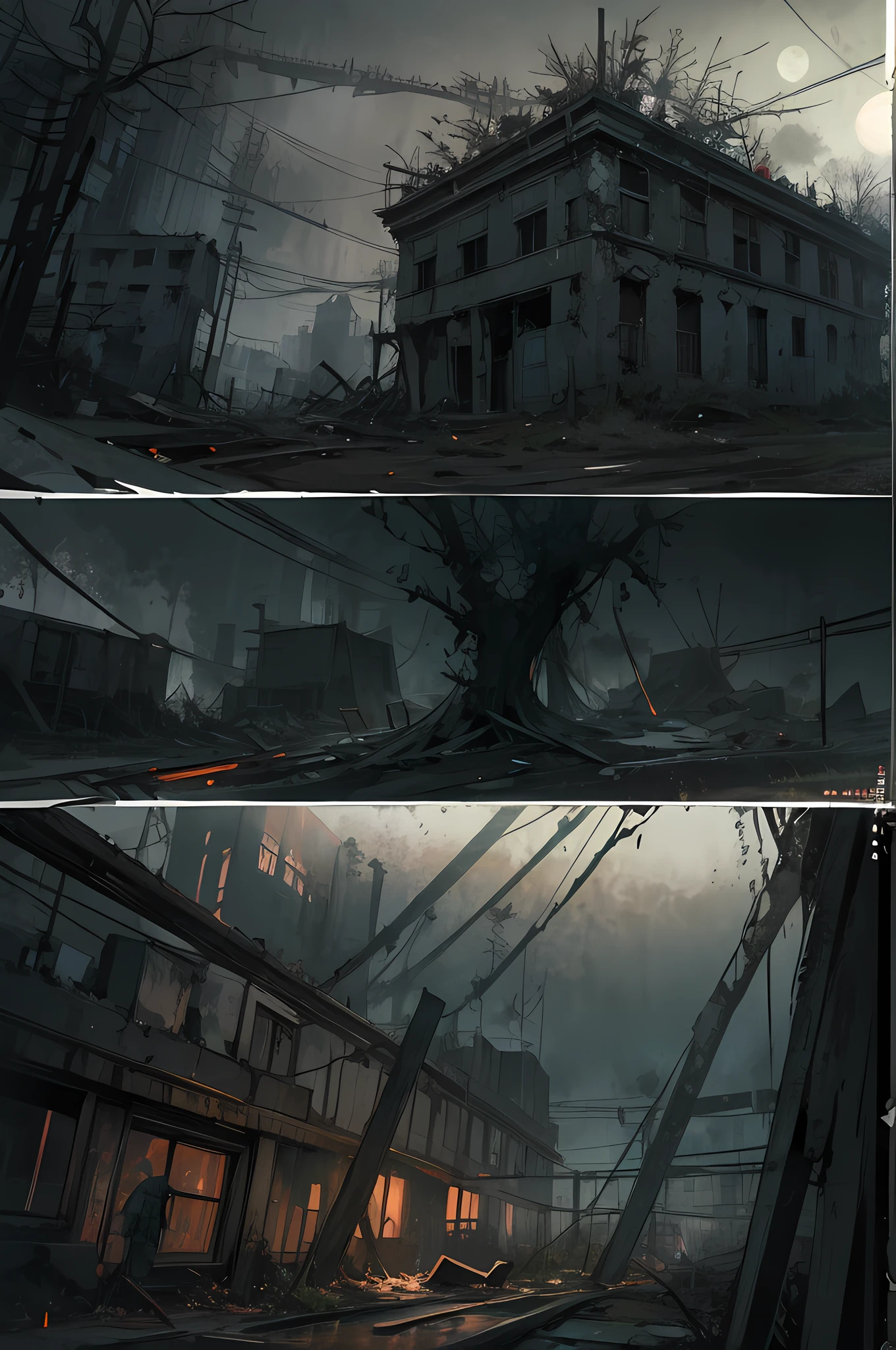 (best quality,highres:1.2),ultra-detailed,realistic,photorealistic:1.37,horror,creepy,grim,dark,desolate,decayed,dilapidated,crumbling buildings,dense,ominous fog,thick mist,haunting,unsettling,lonely,distant figure,collapsed structures,overgrown vegetation,barren streets,spooky,ominous silence,abandoned cars,ominous clouds,broken windows,shadows lurking,unearthly,moonlit sky,empty playground,distant siren wailing,cinematic lighting,intense shadows,dramatic composition,distorted reality,dreamlike,nightmare-inducing,unusual perspective,stylistic distortions,exaggerated features,emotionally charged,fear,anxiety,mystery,dread,suspense,nail-biting tension,desolation,unseen danger,unfamiliar,uncanny,uncertain,color palette: dark and desaturated,sharp contrast,deep blacks,ominous red highlights,flickering streetlights,diminishing perspective,strange-cloaked figure,almost glowing eyes with intense gaze,anime style with sketching,comic book-like,angular brushstrokes,vivid details