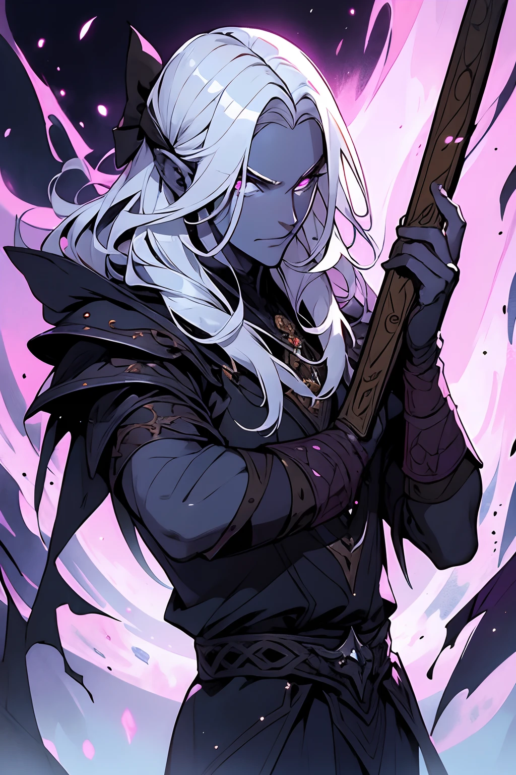 Ilvander Whisperer is a 138-year-old male drow warlock whit a bow in one hand, Whit beautifull ornaments . He has a lot of time, Recto, cabello blanco y ojos morados. Tiene la piel negra y sedosa. tiene una esbelta, Toned and athletic complexion. Tiene una cara oblonga con rasgos suaves y ligeramente femeninos. Lleva un arco y armadura de cuero